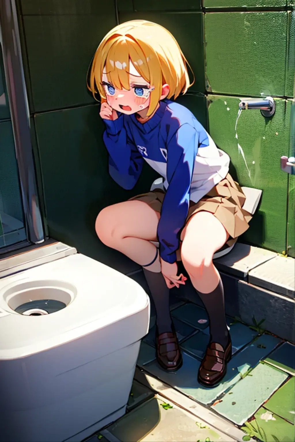 (((best quality, highres, masterpiece, uncensored, high quality, ultra detailed, extremely detailed CG, hiqcgbody, beautiful face, beautiful eyes, extremely awesome detailed CG unity 8K HDR wallpaper, perfect anatomy:1.1))), (extremely awesome detailed realistic, extremely awesome detailed 3d:1.0), (((Uncensored, nsfw,1girl, sex slave))), (1girl, (((yellow hair, blue inner, hime cut, sideburns, shiny hair, short su hair, (ahoge), (hair over one eye:1.3), shoulder length hair)))), (((((lifeguard, , clothing aside, see through))))), (((policeman, picha))), (((((extremely awesome detailed deep-silky-healthy-lackwarm-foundational-baby face))))), (((((after sex, clitoris, pussy, anus,(spread legs), arms behind head, happy, blush, spoken heart, aroused, (vulgarity, heavy breathing, fucked silly, trembling:1.2), (completely nude, pussy juice, sweaty skin, steam, smelly:1.2),cowboy shot, front view, pussy focus))))((((toilet use, panty pull, toilet, restroom, panties above knees, panties below knees, sitting, bottomless, pants pull)))), caughtpeeing, (pee, peeing), peeing self
