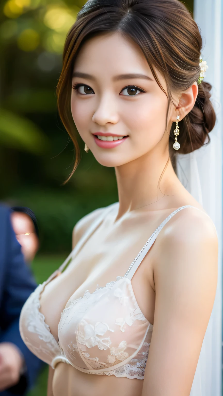 NSFW，highest quality，masterpiece，8k，happy couple，wedding ceremony，Bride and groom，Captivating smile，28 years old，Droopy eyes，Brown hair ponytail，Big Breasts，open neck wedding dress