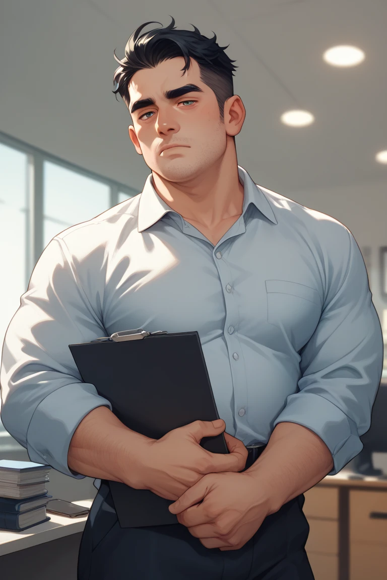 young face, thin face, Sharp Facial, Black hair, 1Boy, salaryman, dark brown eyes, beardless, polo shirts, tight shirts, open collar polo shirt, pants, Best Quality, fat abs, fat, Tight breasts, fat breasts, from sideview, collar shirts, fat thighs, fat tits, fat arms, fat legs, fat body, Huge fat, photograph realistic, Masterpiece, male, side part hair, strong, (Pectoralis major: 1.2), Best Quality, 8K, OriginalPhoto, realisitic, high resolucion, The ultra-detailliert, film lighting, film grain, chromatic aberration, in office, tits huge, Dynamic Angle, Details Finger, big bulge, Huge bulge, bulge pants, blush, embarrassed, closed mouth, chest cleavage