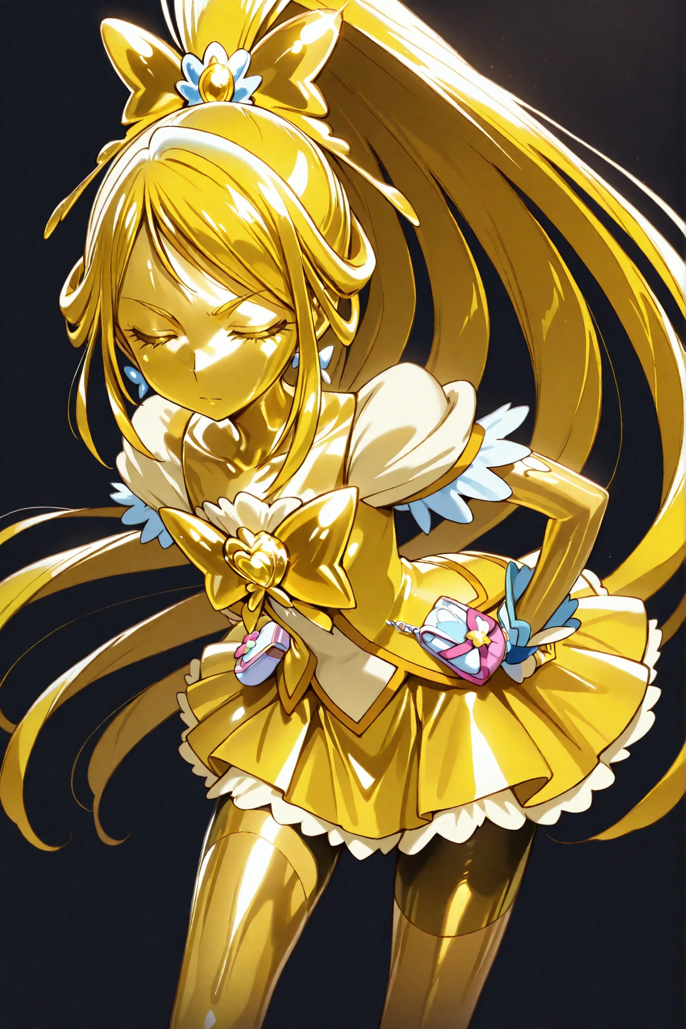 Cure Aqua, masterpiece, best quality, Newest, very high resolution, closed eyes, yellow hair,  yellow sclera, closed mouth, No students, Yellow skin, shiny skin,  metal skin, Black eyebrows, Hanging eyebrows, 1girl, solo, cowboy shot with a close cute face, standing, Dynamic, watching viewers, sleeping, serious expression, black background, Hands on Her Hips, wide ponytail, Gold_butterfly brooch , Gold_shorts, Gold_butterfly hair ornament, long hair, Gold_shorts, ponytail, Magical Girl, Gold_skirt, bike shorts, Gold_shorts under skirt, hair ornament, Gold_gem, high ponytail, metallic outfit