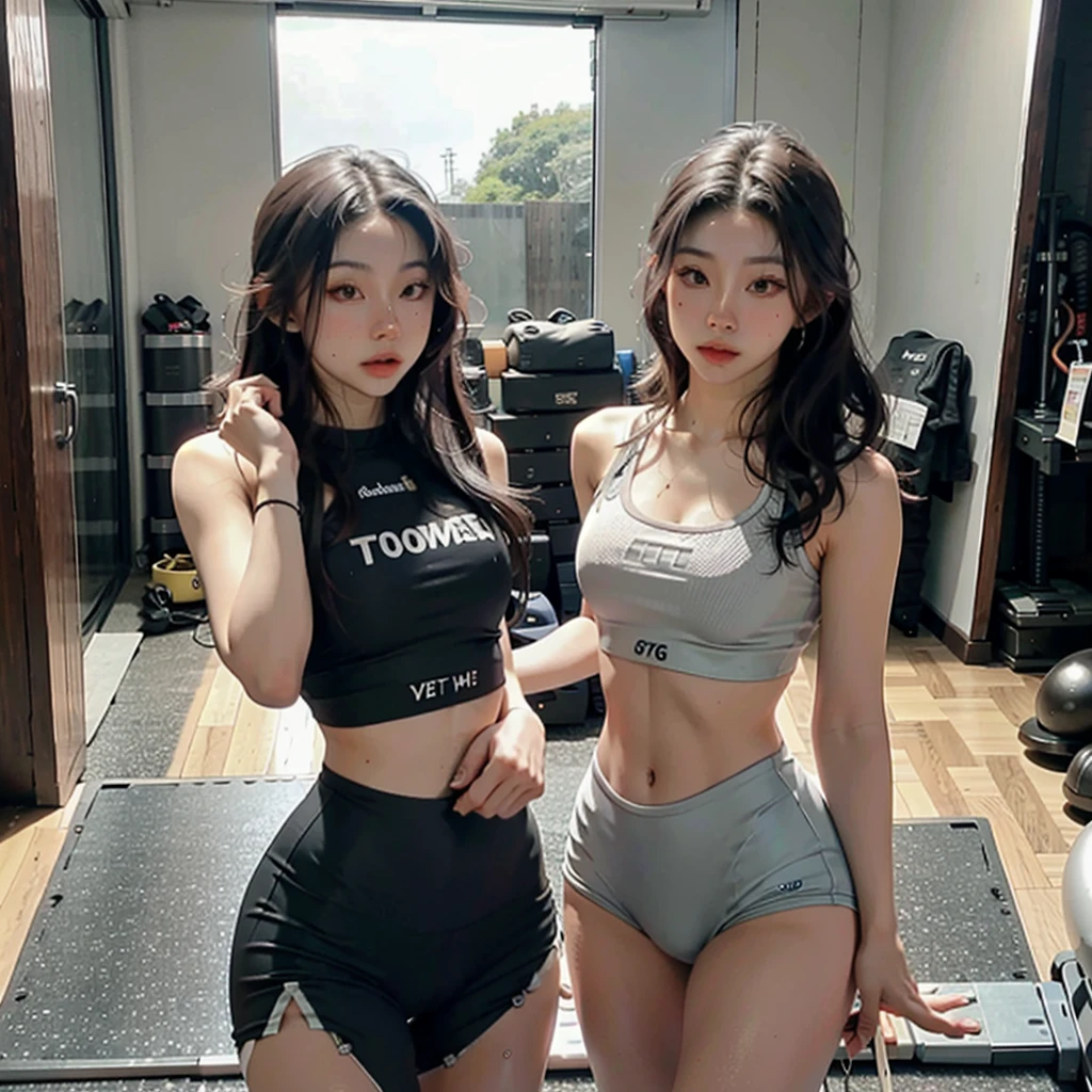realisitic, Black Costume, dark shaped eyes, long black hair, Symmetrical and delicate face, toned body, sports practitioner, tall young woman, elegant and serene, discret smile, toned legs, running in the morning, calca legging, no nudity, landscape running track
