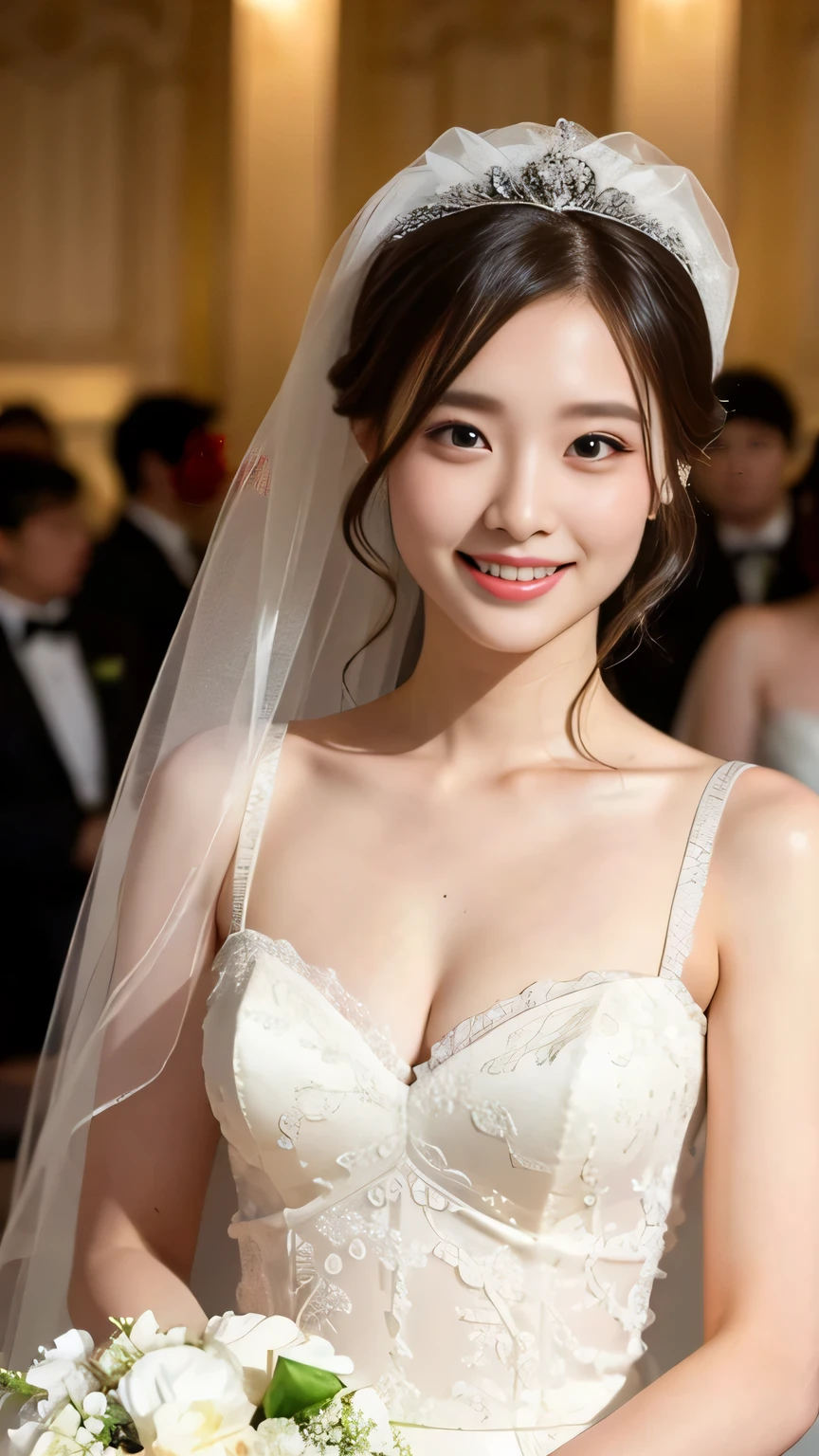 Beautiful 25 year old woman。She is wearing a summer wedding dress. She is smiling on illuminated by the evening church lights . romantic sunset. her dark brown hair. High resolution、masterpiece、highest quality、頭w:1.0、((Hasselblad Photos))、fine skin、(movie lighting)、clavicle . full body picture.