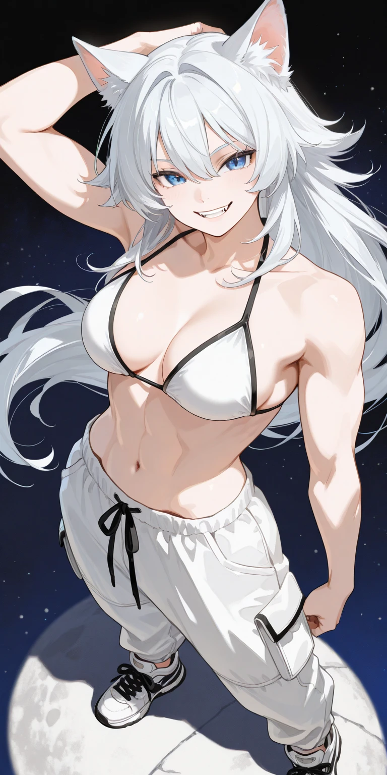 (1 girl), (((Velzard de tensei shitara slime datta ken))), She has fair skin, eyes the color of blue diamonds and long, shiny hair, Pearl White, reaching down to her waist, (((She wears a blue pendant in the shape of a star and a golden headband))), (wears a very short black bikini), large breasts, thin arms, (muscular belly), (((muscular legs))),(standing), thin waist, bare feet and very detailed, beautiful feet and well-shaped toes, (((beach night scene with starry sky and blood moon in the sky))), (hair tied in double ponytails), empty eyes, eyes empty, empty eyes, eye reflection, glowing eyes, bad mood, anime, anime style, ray tracing, cinematic lighting, panorama, Sony FE, UHD, masterpiece, anatomically correct, super detail, high quality, best quality, high resolution, 16k