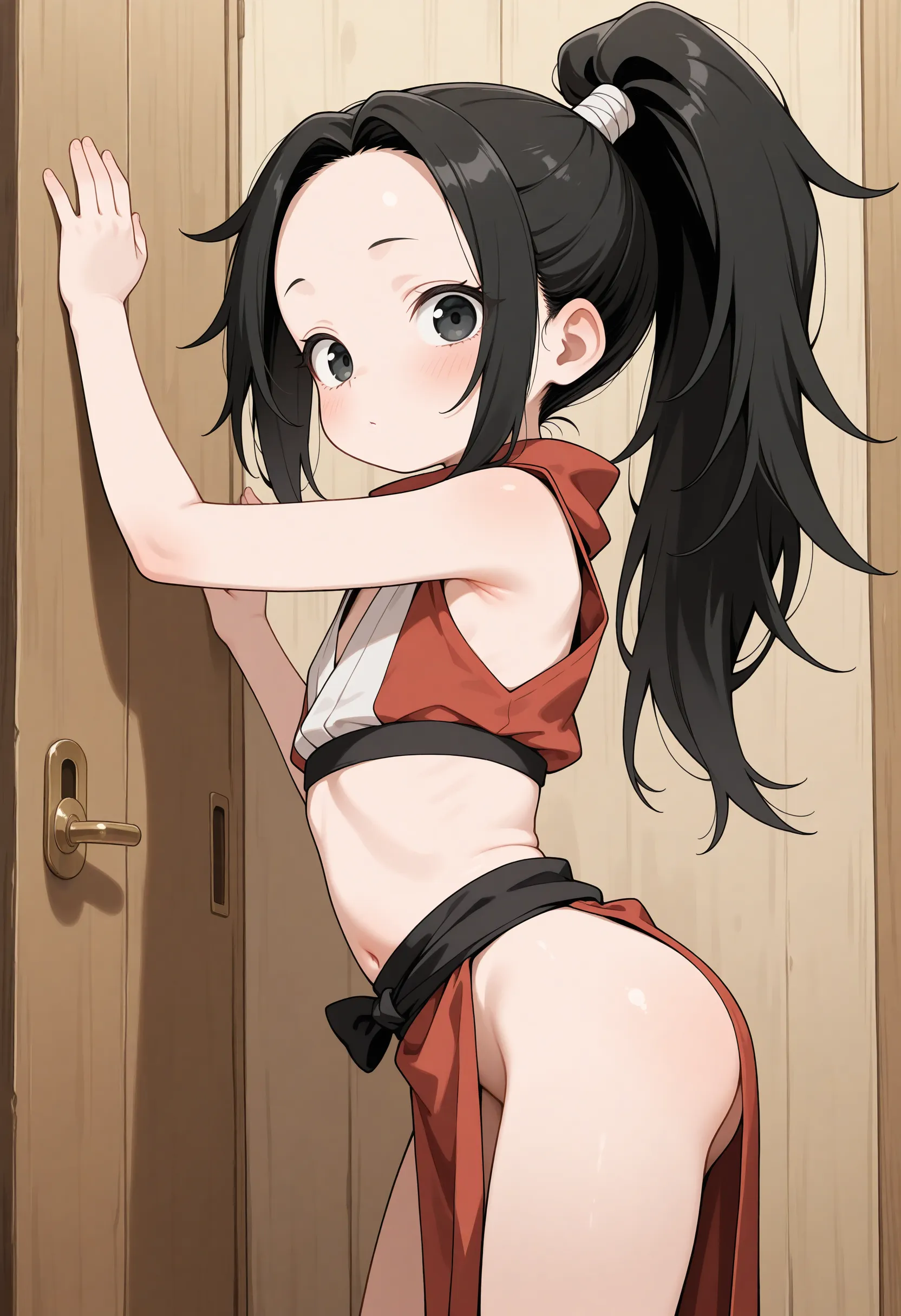 One girl, alone,  View your viewers, araragikaren,Long Hair, Black Hair,Pink sleeveless, blue skirt, skirt, Medium chest, Ahoge, Side Ponytail, Asymmetrical Hair, egg hair ornament, Red scarf, 
internal, living room, Cowboy Shot, anger, (Put your hands behind your back, Leaning forward),No panties(Shirt lift(Up to the chest)),(skirtリフト,Pussy in full view:1.5),

