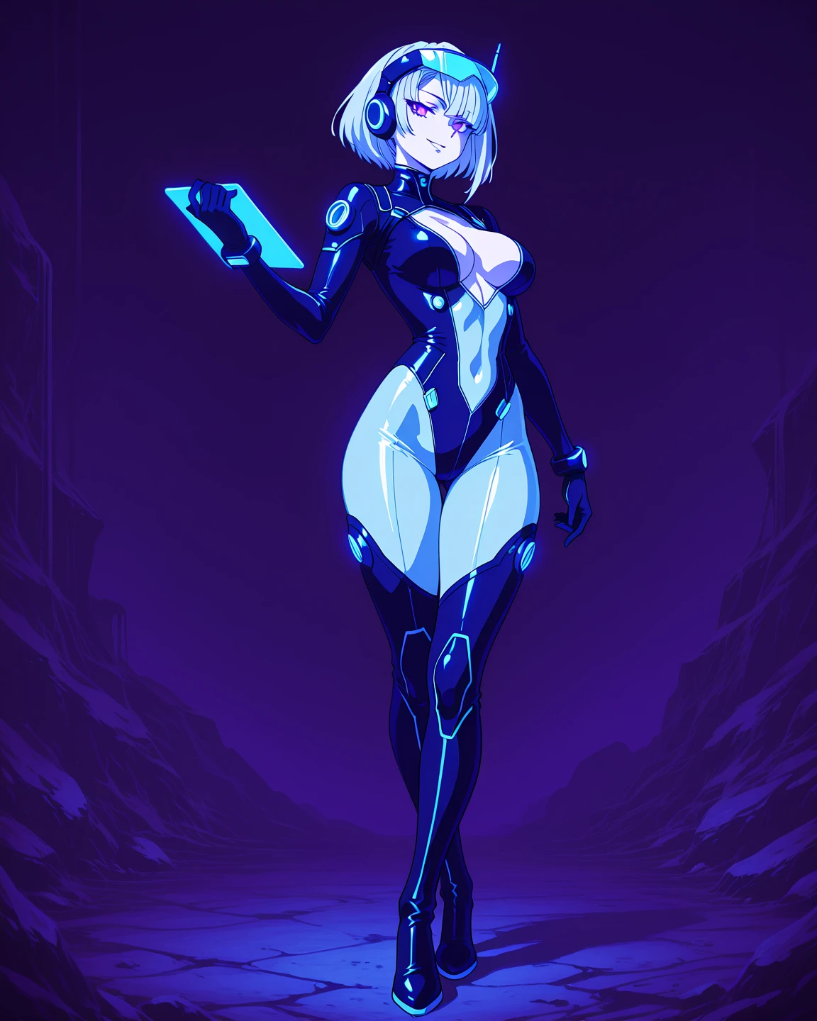 1girl, bunny ears, rabbit ears, sneakers, shoes, futuristic, tech, science-fiction, bikini, black bikini, blue trim, blue neon trim, neon trim, blue hair, very short hair, blue eyes, smile, light smile, wide hips, breasts, large breasts, thick thighs
