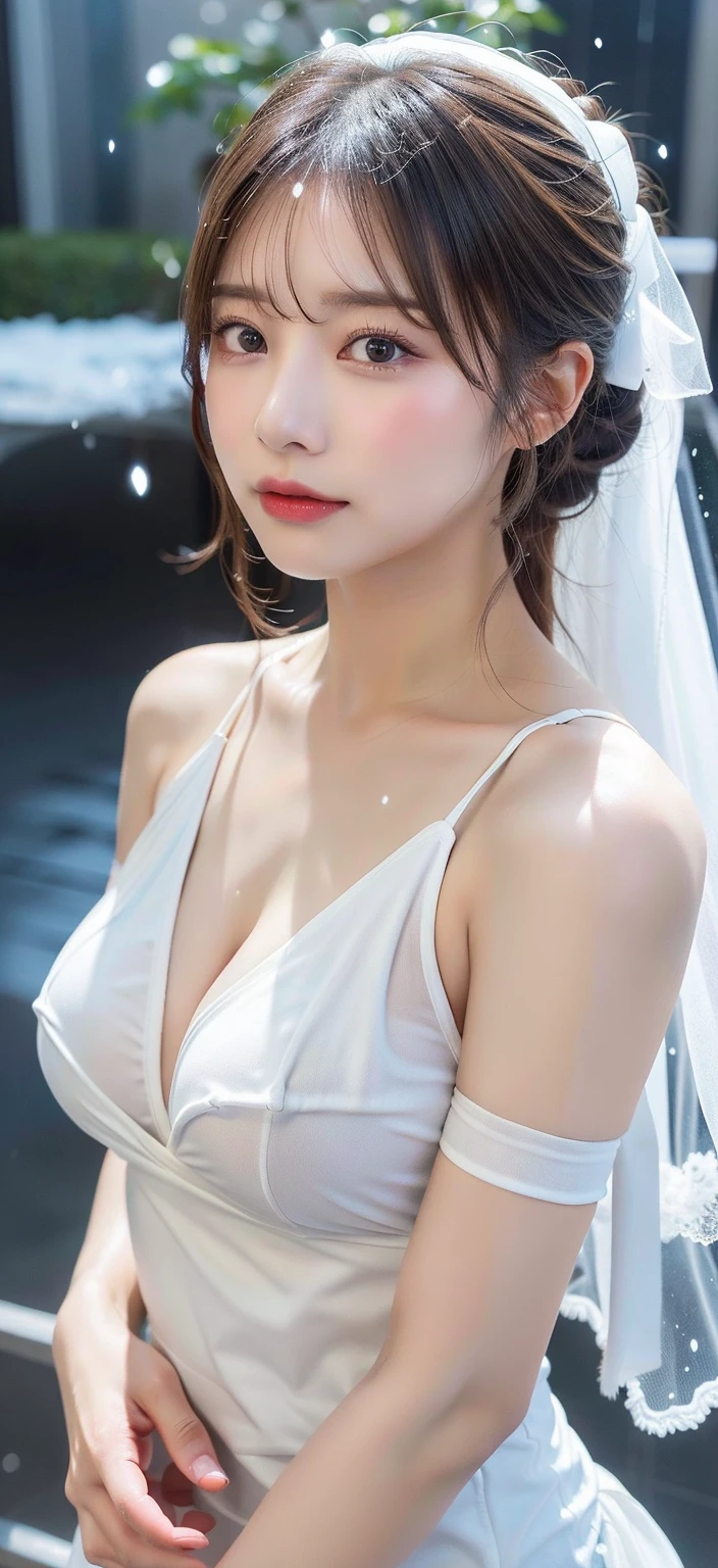 Fashion trendy beautiful, gentle and charming Taiwanese lady, (jpop idol), (big breasts), delicate and sexy collarbone, oval face, double eyelids, smart peach blossom eyes, pink lips, small nose, bare shoulders, focus on the face, close-up of the face, Ultra-high-definition, super-detailed, full-body photo, ultra-thin and light-transmitting, the white off-the-shoulder shirt perfectly echoes the Platinum blue slit skirt, fresh and good, and can be see through, sheer fabrics, areolas slip, (NSFW:1.025)