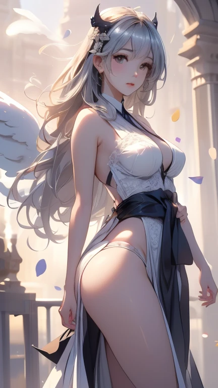 Aerial View,giant girl 50,000 feet high,Have a pair of long legs,Possessing a pair of huge demon wings,With huge devil horns on his head,Has waist-length white hair,loose hair,Wearing a pair of Mary Jane heels,white curly hair,A look of enjoyment,lace gloves,lace pantyhose,蕾丝whole body,pantyhose soles,pantyhose toes,Sitting on top of a destroyed tall building,城市到处是blood stains,Beautiful appearance,Exquisite makeup,quality,8k,高quality,(governor:1.5),Perfect proportion, Cinema lighting,film grain,Fuji colors,8k,textured skin,Super details,high detail,high resolution,explode,fake smile,blood stains,脚底有blood stains,whole body,Obese