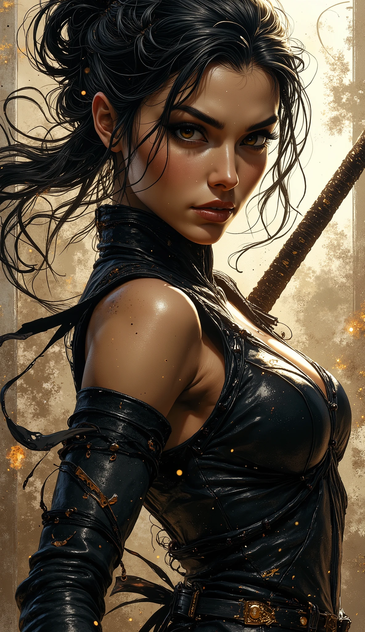 A hyper-realistic dynamic full-length image of a female character making an impressive swing with a sparkling katana, in which the most iconic features of many famous anime and video game heroines are organically combined in honed movements. She should radiate speed, dynamism, strength, intelligence, and grace, reflecting the qualities that set these characters apart. Facial Features: Eyes: Possess the ferocious determination found in characters like Mikasa Ackerman, with sharp, expressive eyes that express both determination and compassion. Hairstyle: A combination of styles combining the elegance of Sailor Moon's flowing curls with the practicality of Lara Croft's braid, resulting in a versatile and iconic hairstyle. Facial expression: A confident and mysterious smile, reminiscent of Bayonetta's charm, but softened by the kindness of Iris Gainsborough. Figure and Posture: Physique: Athletic and fit, reflecting the physical strength of Samus Aran, while maintaining the femininity of characters such as Tifa Lockhart. Stance: Stable and balanced posture, ready for action, whole body assembly, dynamic particle effects, UNREAL ENGINE 5.4, HYPERREALISM, dynamic lighting, depth of field. Attention to detail, 8k resolution.