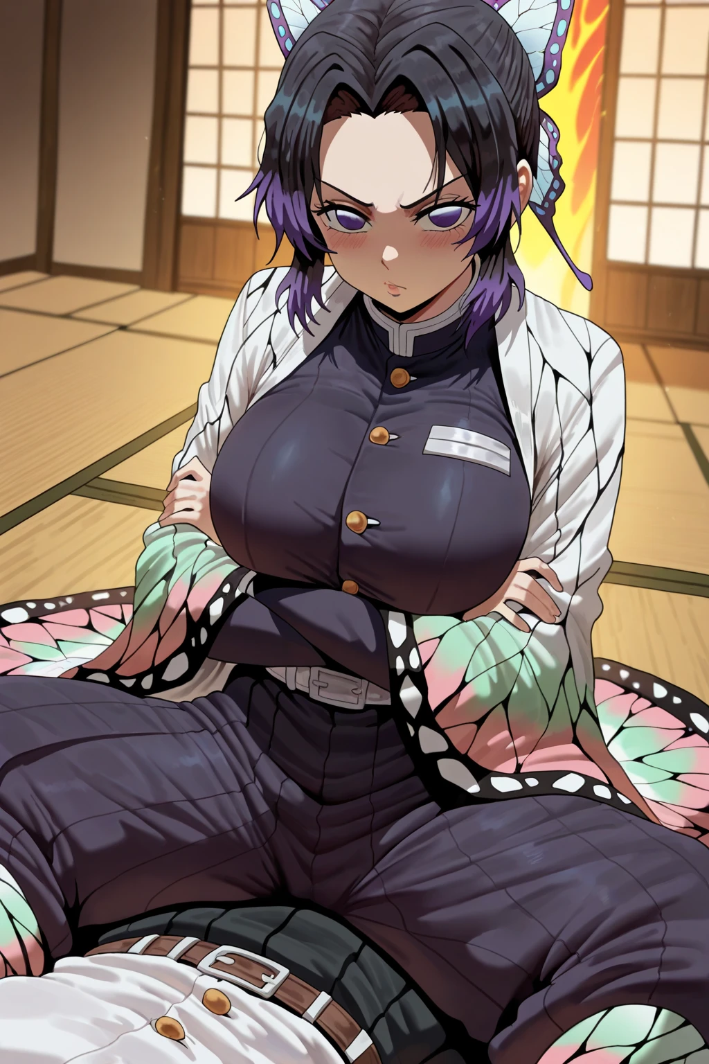 masterpiece、highest quality、NSFW、1girl , solo , huge breasts、deep cleavage、light green hair、ponytail、fox ears、brightly colored eyes、blue eyes、black glasses、green kimono、light purple long hakama、brown leather jacket、leather boots、flashy necklace、charm、Wet、face turns red, very sweaty, dynamic pose 、Night city seen from the window