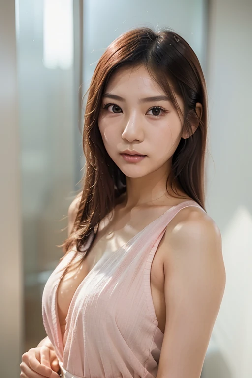 Realistic photo of (1 cute Korean actress) long straight hair, thin makeup, medium breasts, shredded abs, long dress, close up, Canon EOS clear facial features 8K high resolution, sharp detail, realistically