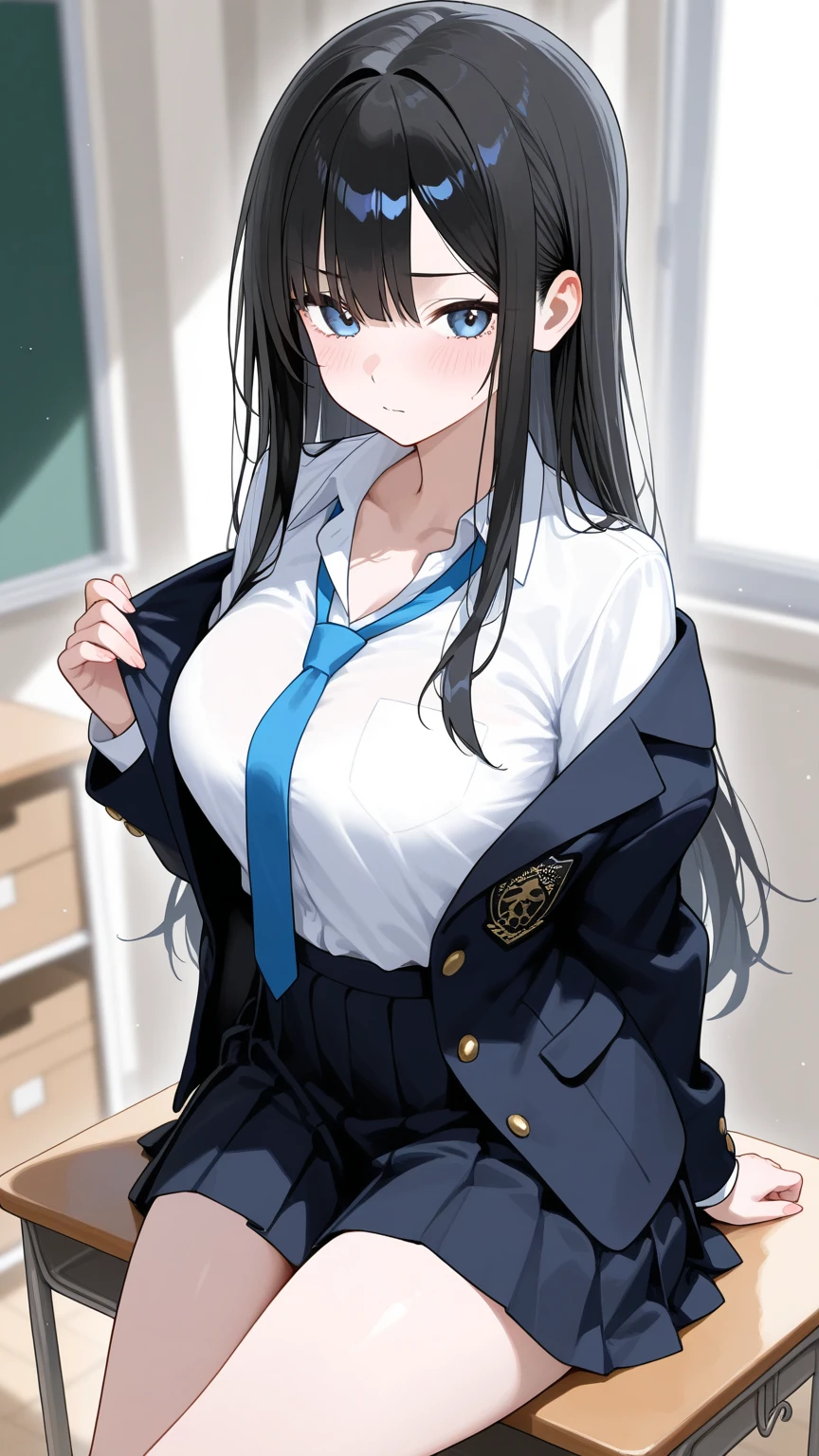 hbest quality，tmasterpiece，Anime girls，black lence stockings，JK uniform temptation，Sat down，Bare chest，breast rubbing，black long straight hair