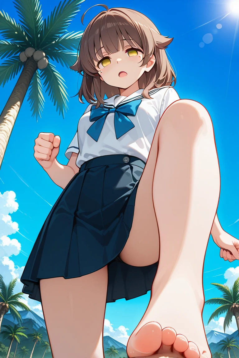 highest quality、Super Resolution、8K,(masterpiece:1.3), (Absurd:1.3), (highest quality:1.3), (Very detailed:1.3), One girl, View your viewers, smile, Outdoor,Photographed from the perspective of looking up at her feet, Summer sailor uniform,ailor collar,、Sit on a bench、She spreads her legs、Show panties shyly、She shows off her white frilly panties to the viewers.、