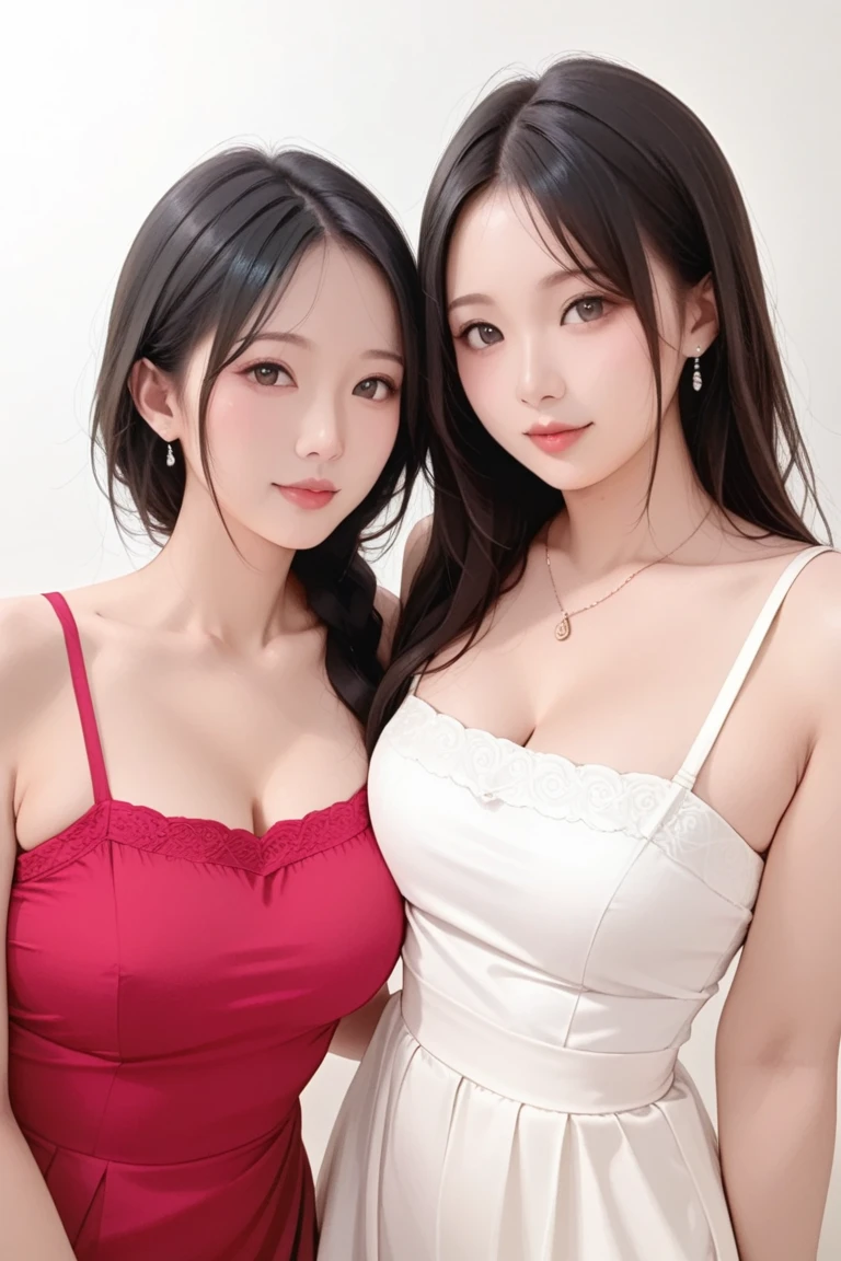 Highest quality、Figures、Two cute girls、sexly、Slender、Red tie、Open front dress shirt、Green exy very detailed、Fine details、Slim Body、Slender、Japanese Girls、High resolution、8k、wallpaper、Perfect dynamic composition、Beautiful fine details、Short Bob Hair、Big natural color lip、Bold sexy pose、smile、Cold Stare、18 year old girl、Cute、Lolita、Good eyesight、whole body、Pink Wall、smile、