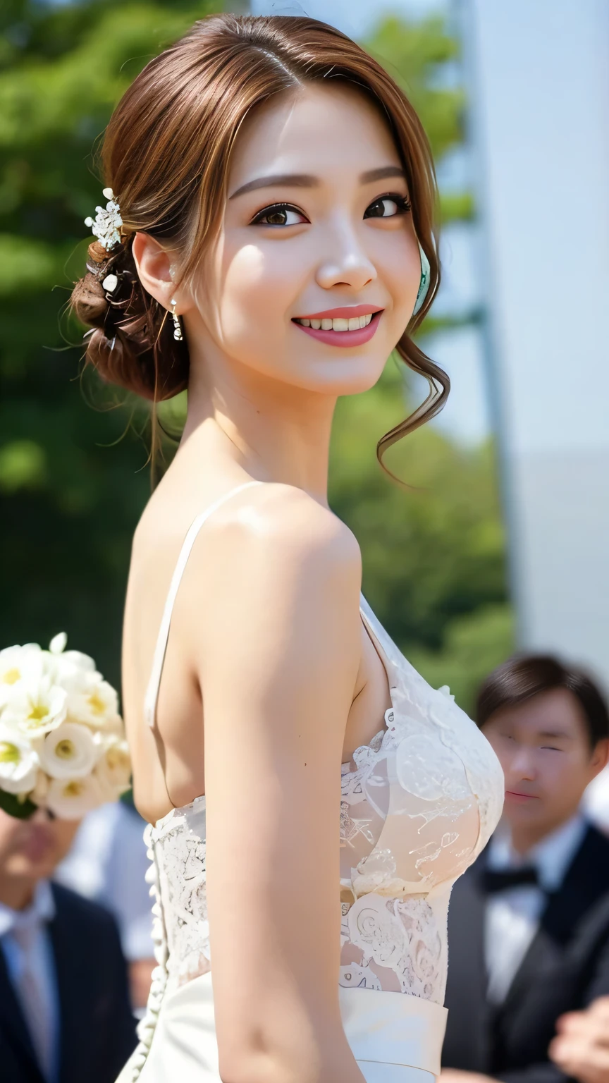 wedding、bride、Brown Hair、Eyelashes、beautiful、bouquet、profile、Right facing