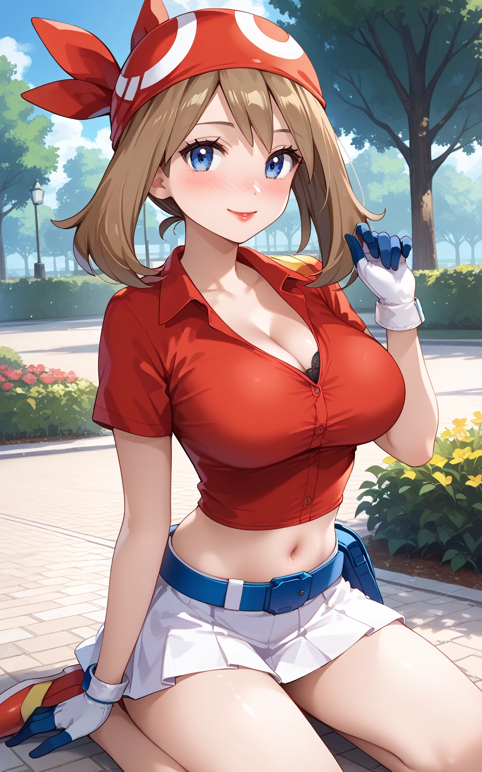 (masterpiece, best quality:1.2), 1girl, solo, red shirt, beautifull face, red bandana, brown hair, black sport shorts, white skirt, cowboy shot, forest, pathway,(blush),(cleavage),nipples,show tits,(wide thighs:1.2)