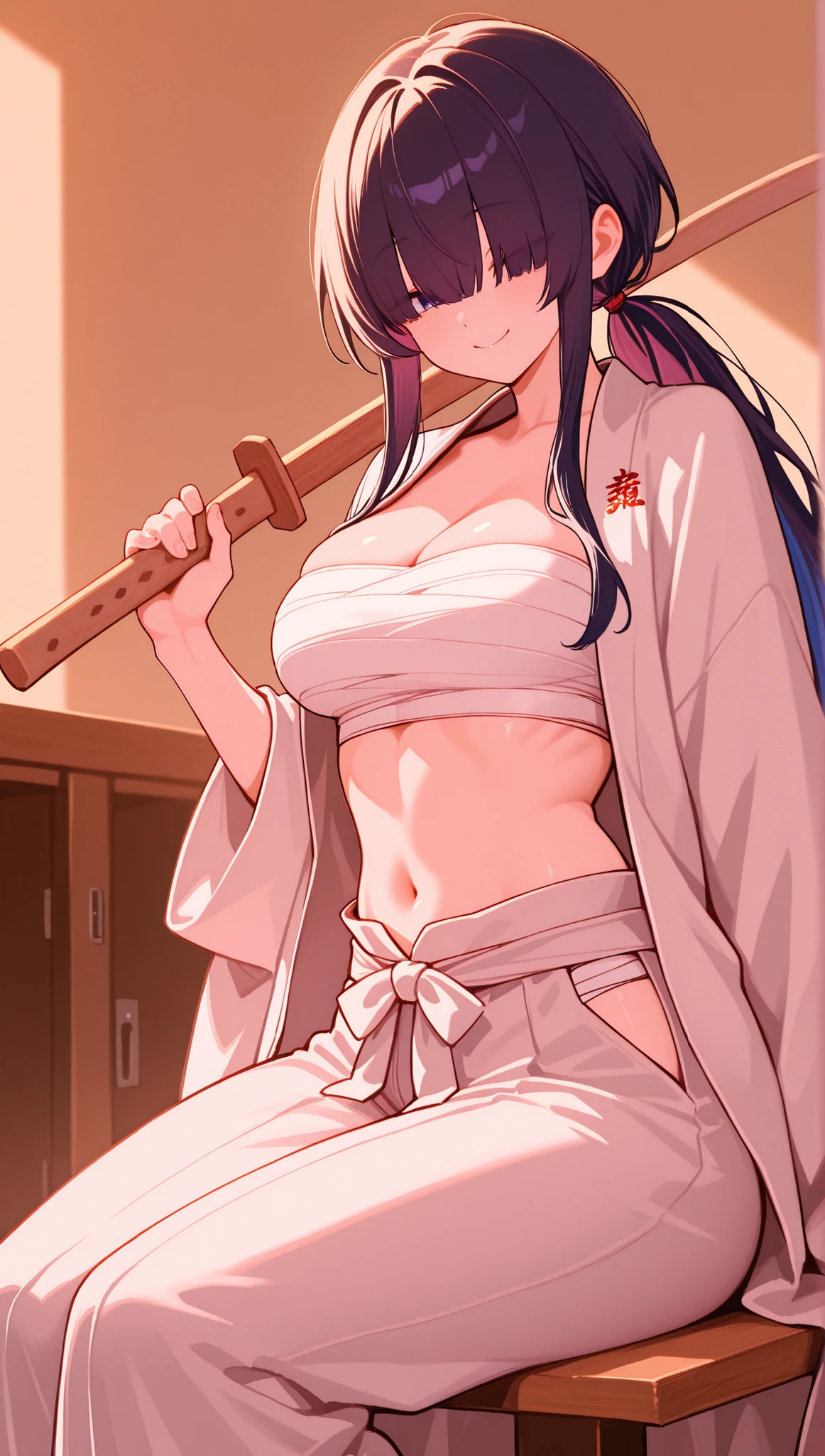 asagi,mature female,large breasts, ponytail,messy hair style,wavy long hair,blue hair, hair between eyes, purple eyes,cleavage,(karate gi,:1.2),(no bra,underboob:1.1),(no pants,micro panties:1.2),(sweat gleaming skin:1.1), (Boxing Ring),(highres, high quality:1.1), intricate details, cinematic lighting, 1girl,(red blush,angry),dynamic pose,dynamic angle,from below,cameltoe,show off panties