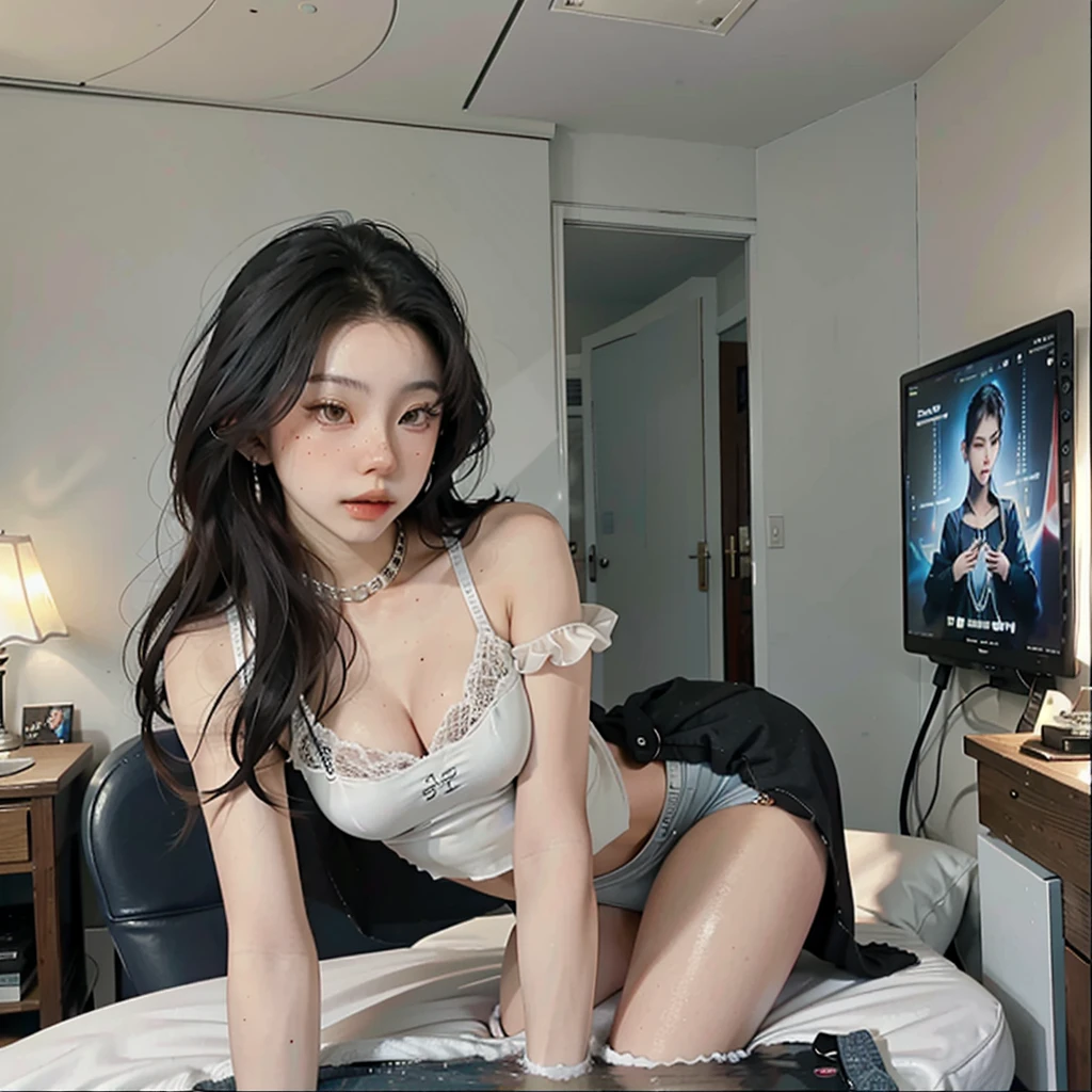 ((Best quality, 8k, Masterpiece :1.3)), Full body, Sharp focus :1.2, Beautiful woman with perfect figure :1.4, Slim stomach :1.2, ((cyan hair, Big breasts :1.2)), body dress : 1.1 , (Night city view, Bedroom :1.1), Highly detailed facial and skin textures, Detailed eyes, Double eyelids, big breasts, OL Uniform, Office Wear, White T-shirt, exposed cleavage, (Black Pantyhose) , (No Panties), Interior Scenes, Office, oppai, teasing, horny, lying down, restrained, hands up