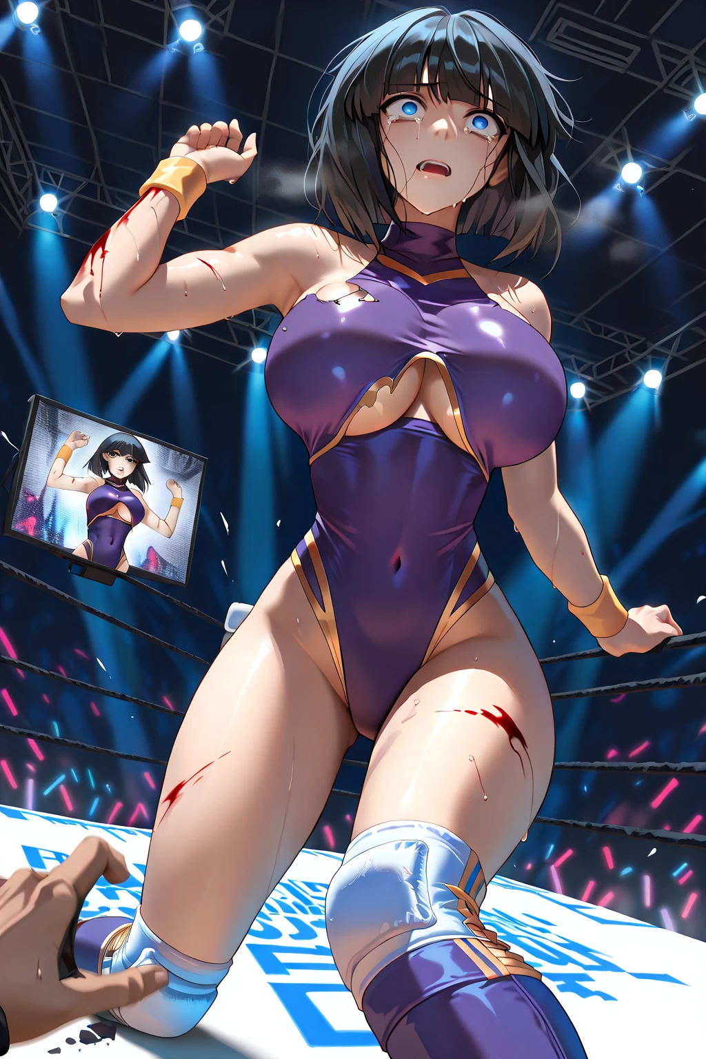 A beautiful woman with short hair, big breasts and beautiful legs is standing by the pool in a bright pink high-cut swimsuit with the arena logo on it, with her legs spread to the sides, blushing and her mouth open.。Angle from behind。A middle-aged man stands pointing his camera lens at a beautiful woman。