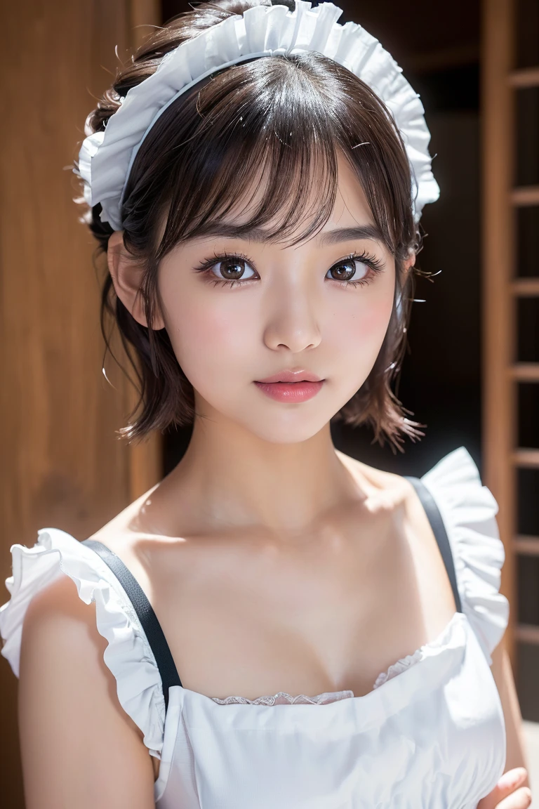 (masterpiece:1.0), (best quality:1.4), (ultra highres:1.2), (photorealistic:1.4), (8k, RAW photo:1.2), (soft focus:1.4), 1 young girl, (18yo:1.3), (sharp focus:1.4), (Japanese:0.7), (Polynesian:1.2), detailed beautiful face, black hair, (detailed maid crothes:1.4), (lace choker:1.2), beautiful white shiny humid skin