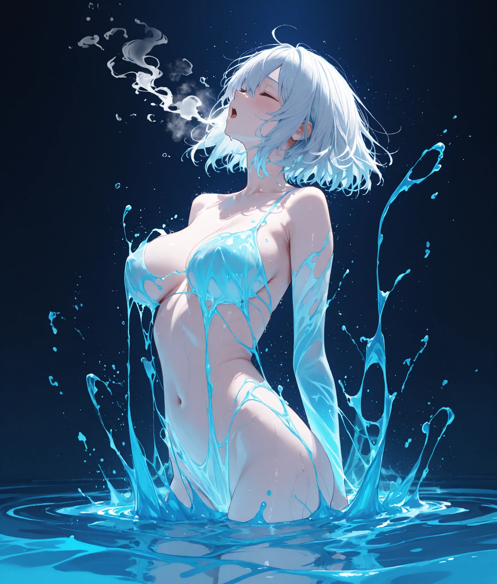 1 girl, very big mine, spread legs, pale skin, Seductive forms, sexy pose, anime girl hanging in the air on vines, Open anus, a large amount of white viscous liquid without underwear, pours from the vagina, wet shiny vagina, Lots of water, caresses himself, touches the clitoris, rubs clitoris, inserts fingers into himself