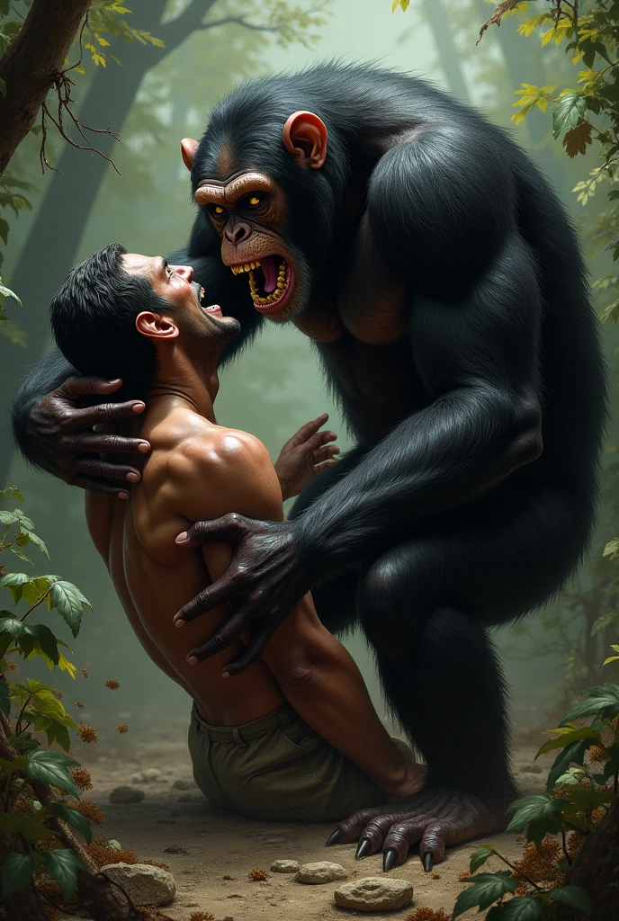 A muscular white man in a black bunny suit with a muscular man on top of him...