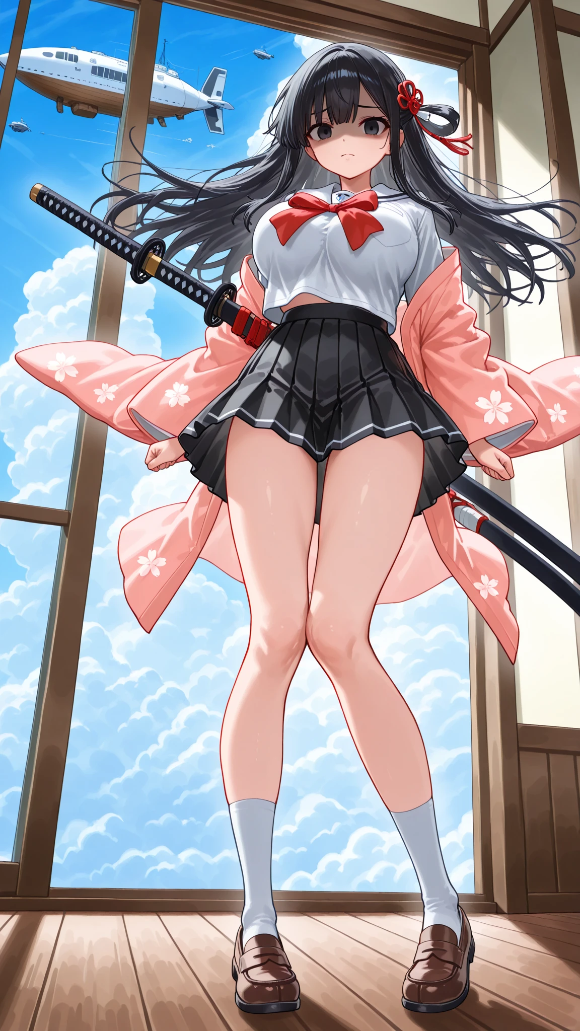 Best quality at best, tmasterpiece, A high resolution, Alone, {Yukino_Yukinoshita_yahariorenoseishunlovecomewamachigatteiru:1.15}, long_the hair, Black_the hair, ribbons, a skirt, 校服, blue_The eye, the hair_ribbons, blazer jacket, looking at viewert, Be red in the face, (a skirt升降机:1.Ink lace panties:1.3)、(卷起的a skirt:1.anties are completely exposed, Sam:1.5)