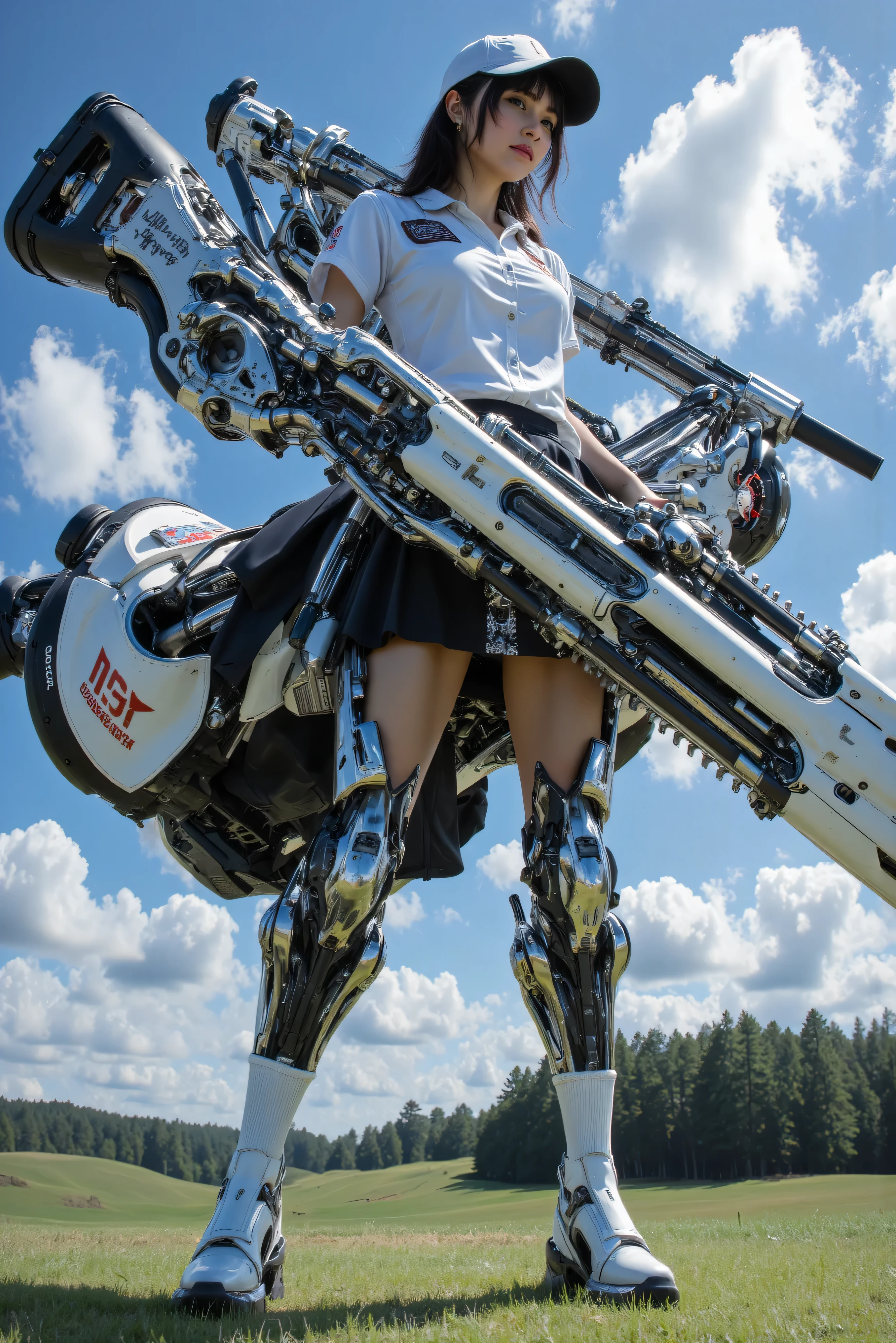 Skirt up, Japanese, Woman, 17age, Big breast, full body description, a woman with over half of her body mechanized, (golf uniform), tight skirt that widens legs slightly, White Socks, machine-made boots, A gun with very large hands, huge sword, huge sword, huge sword,Carrying a big gun on your back, in a dynamic pose shaking the golf driver with all his might, golf ball, golf course, perfect face, Female caddie with golf bag behind her