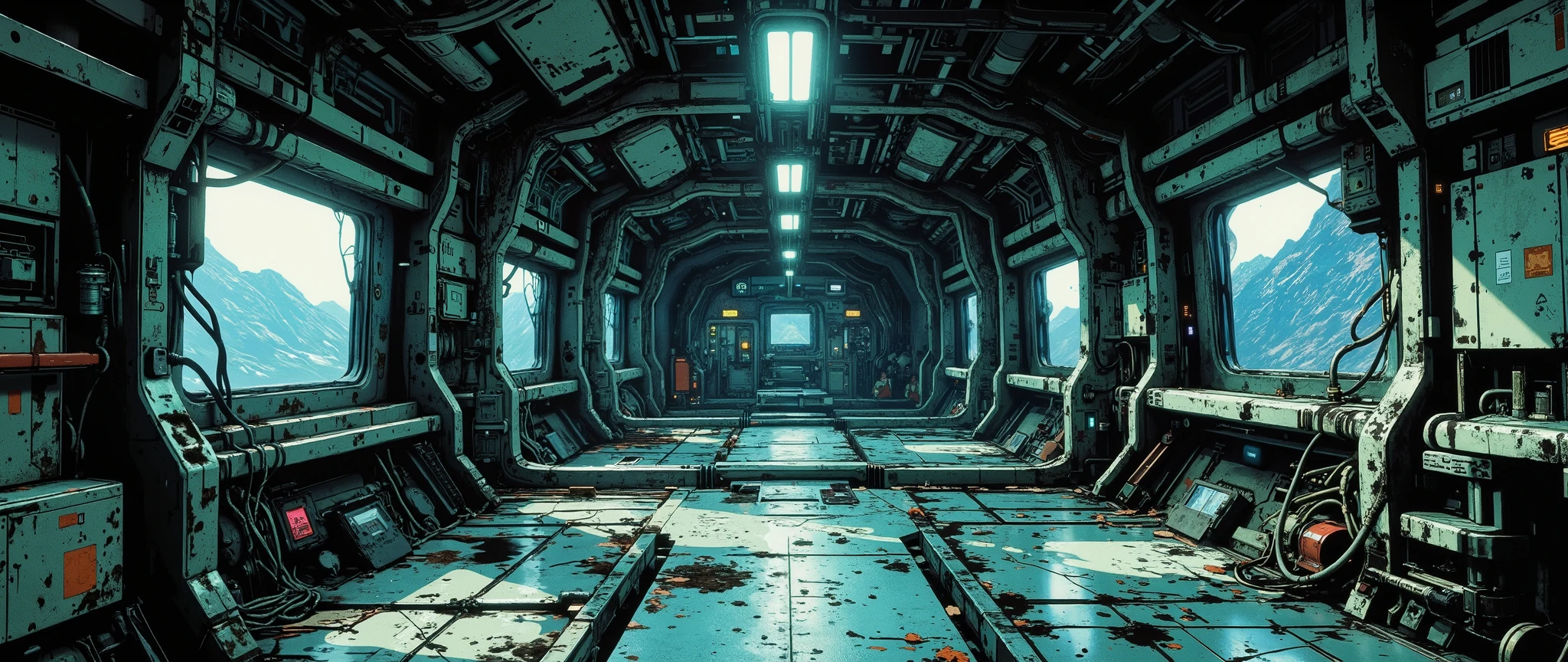 The setting of a futuristic cyberpunk-style spaceship is robust, with a dark and retro feel, inspired by 90s anime. It features a textured metallic floor like an old subway, small windows overlooking the dark universe, and a partially dirty wall. The anime style features an anime background with right angles and a 32k cel tone technique. The rendering is in the style of the animes Vampire Hunter: Bloodlost and Blame: Black Lagoon. Exposed wires. The ship has a steampunk style. The interior is not oval, but rather linear, straight and linear, inspired by post-apocalyptic spaceships. The interior setting is Mad Max.