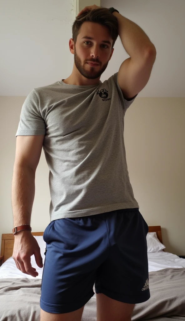 handsome blonde guy 18 yo, wear tight gray shirt, bulge pants