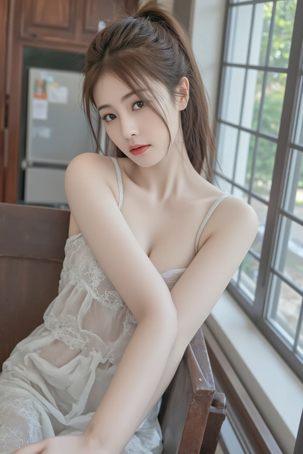 ,Masterpiece, Best quality,8K, 超高分辨率,Reallightandshadow,Cinema lenses,(beautidful eyes:1.1), ((中景 the scene is,The upper part of the body)) ,blacksilk,leather whip,Raised sexy,Lace,underdressing,sitted
