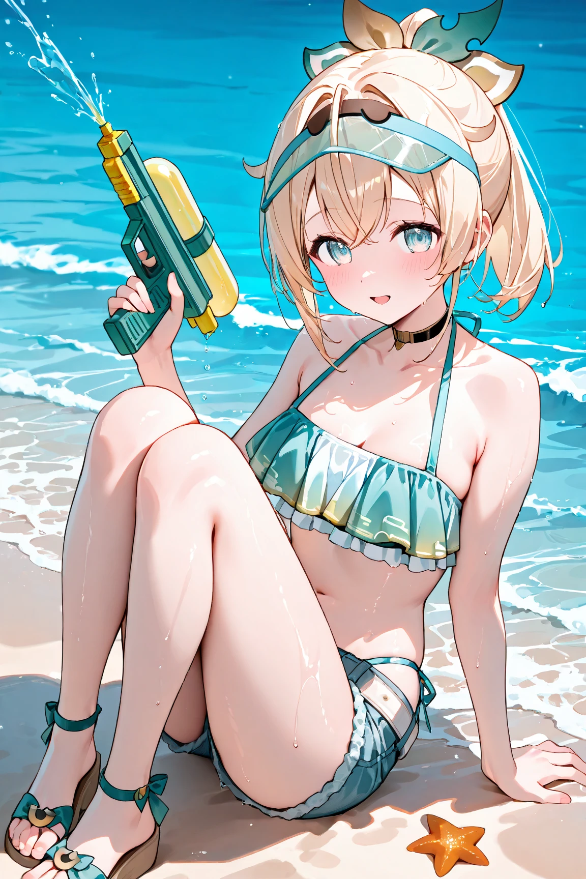 (best-quality:0.8), (best-quality:0.8), pale skin, long blonde hair, curly hair, light blue eyes, feminine, freckles, petite, light blue bikini, two-piece bikini, outdoors, at beach, in the water