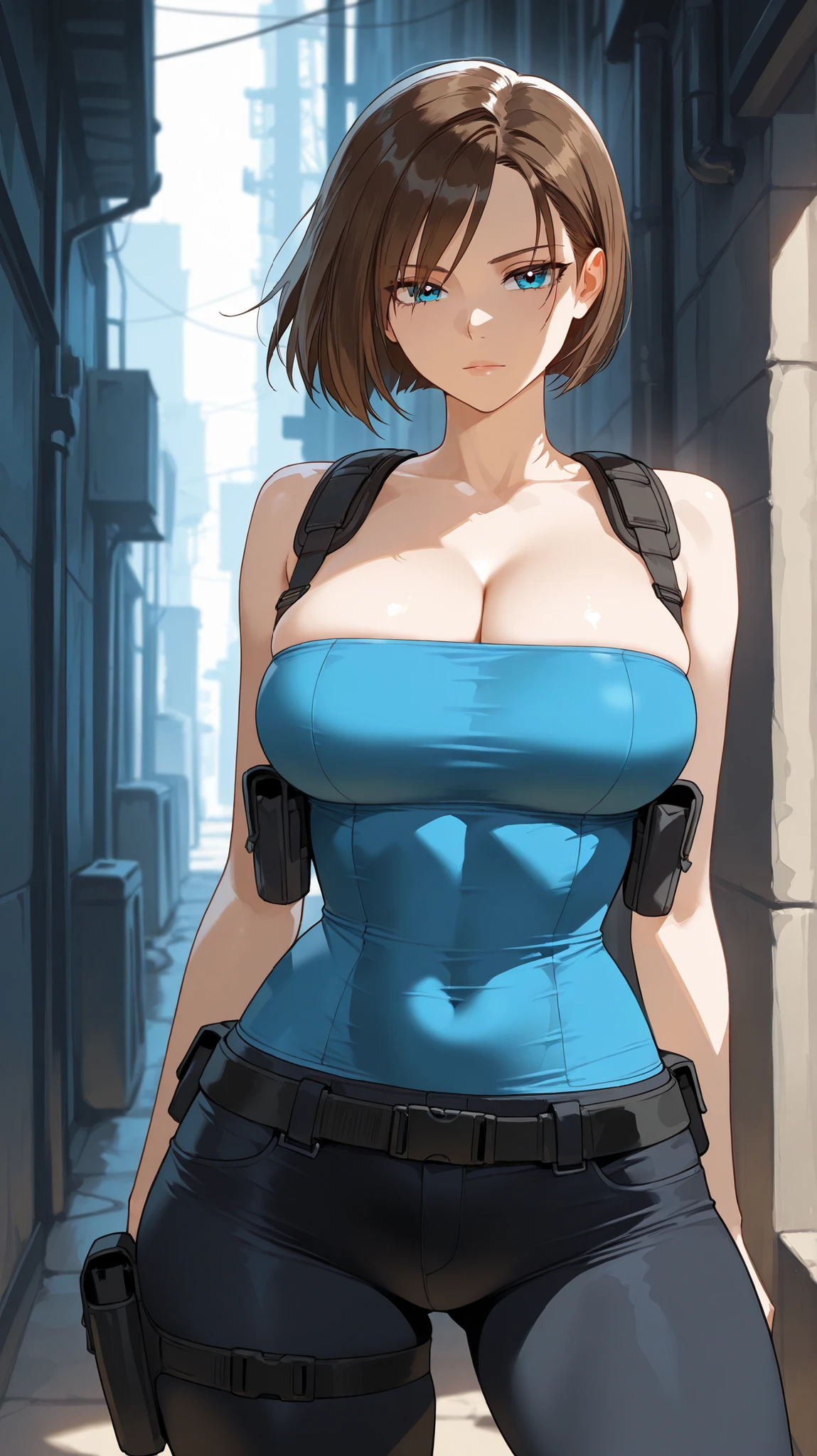 lots of zombies around,Jill, Jill・バレンタイン, 1 girl, big breasts,skirt, cleavage, Clothing around the waist, blue eyes, fingerless gloves, gloves, short hair, blonde hair, pencil skirt, sweater around waist, large 胸, holding,strapless,miniskirt, Tube top, black skirt, looking at the viewer, brown hair, boots, focus only, sweater, Are standing
