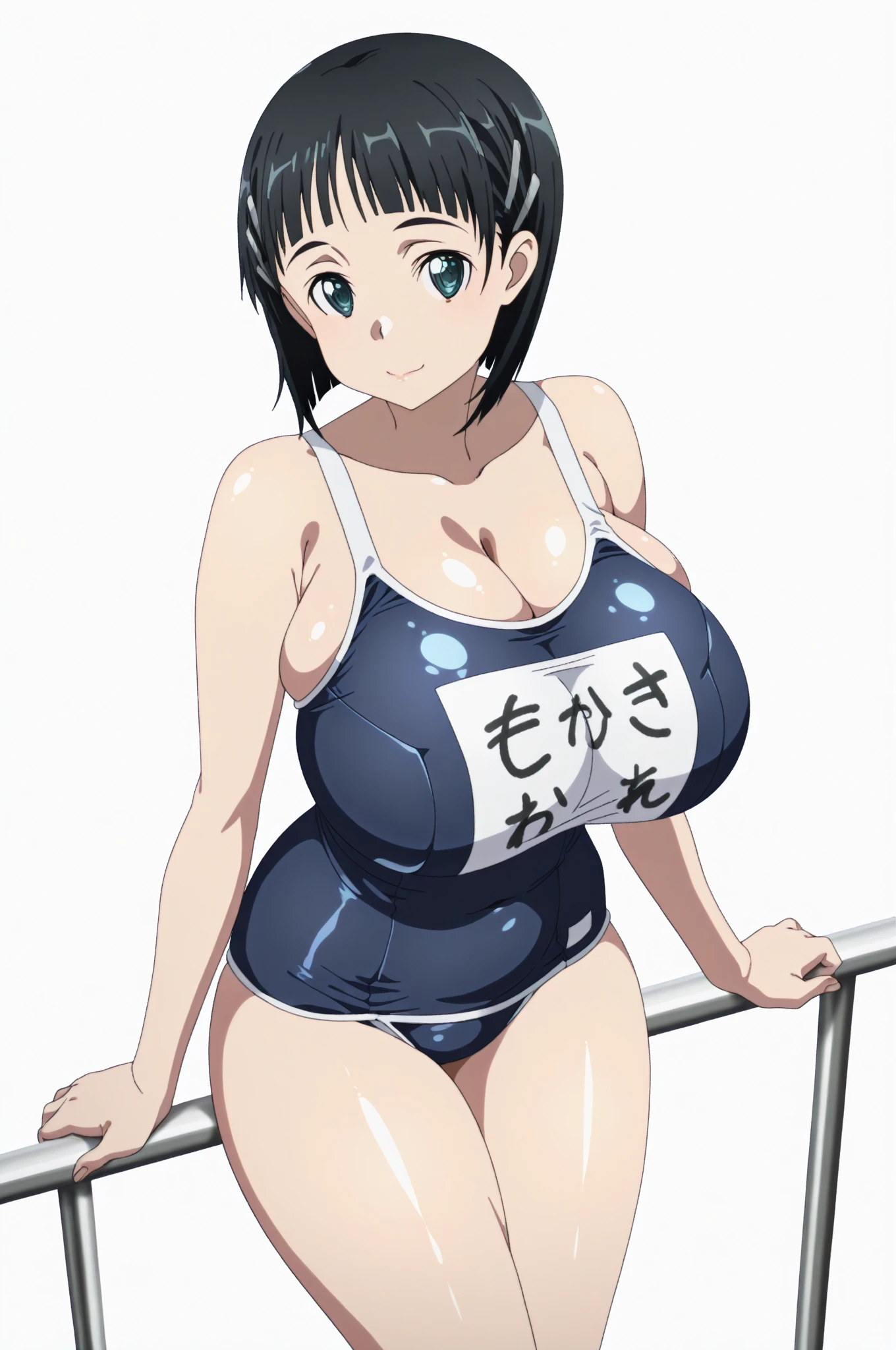 A beautiful woman with short hair, big breasts and beautiful legs is standing in a competitive swimsuit with a stunned expression and blushing face, with a camera lens pointed at her by a middle-aged man.。