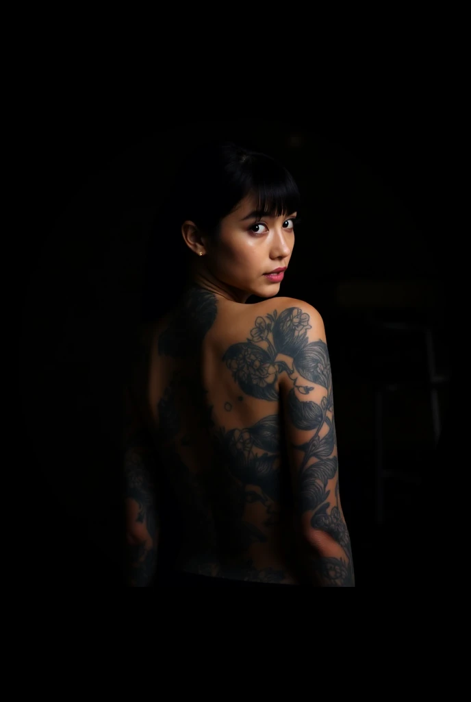 A highly realistic 8K image of a fierce and confident female yakuza. She has long black hair styled elegantly, adorned with traditional Japanese hair accessories. Her back is turned slightly to the camera, showcasing intricate and detailed tattoos that cover her back and shoulders, featuring mythical creatures and traditional Japanese motifs. She is dressed in a partially open kimono, revealing the stunning artwork on her skin. The lighting casts dramatic shadows, highlighting the textures and colors of her tattoos. The background is a blurred urban setting, allowing the focus to remain on her powerful and commanding presence.