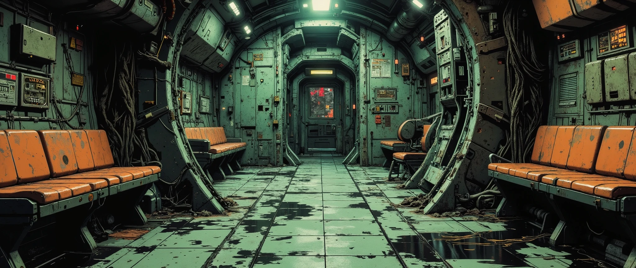 [Background art]] The scene of a futuristic, cyberpunk-style spaceship, with a dark, retro atmosphere, inspired by 90s anime. It features a textured metal floor, an empty room with benches fixed to the walls, and a partially dirty wall. The anime style features an anime background with right angles and a 32k cel tone technique. The rendering is in the style of the animes Vampire Hunter: Bloodlost and Blame: Black Lagoon. Exposed wires. The ship has a steampunk style. The interior is not oval, but rather linear, straight and linear, inspired by post-apocalyptic spaceships. The interior setting is Mad Max-style.