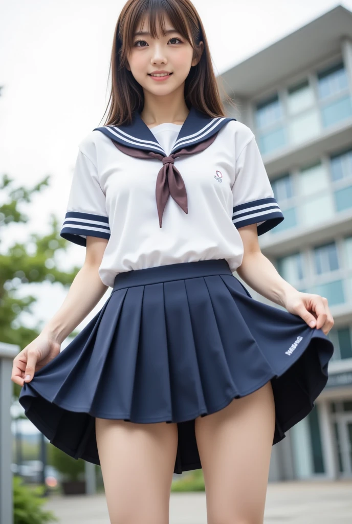 1 female,(((sailor suit))),((skirt lift)),show off panties,((lace pantie)),,shy、blush,(red cheek)、thighhighs,((loafers)),curvy thighs,Breathless face、sweating、Excited facial expression、Long Hair、Realistic,High resolution,Soft Light,Large Breasts, blue eyes, spread_legs