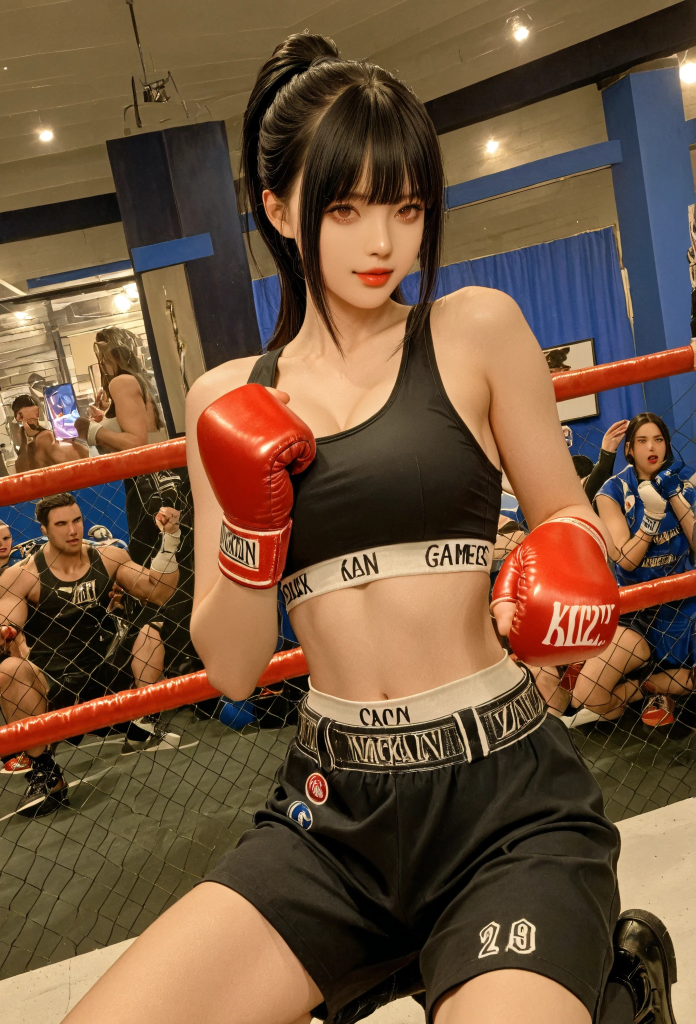 ((Unreal Engine 5)), Realistic Rendering, Excellent, (sexy skimpy bikini:1.3), looking on camera, (standing:1.8), beautiful face, makeup, CGImix, (photorealism:1.2), ultrarealistic uhd face, (huge soft boobs:1.5), (muscle abs:1.3), (big butt:1.3), (wide hips), (thick thighs), slim waist, hourglass figure, half body, ((glowing skin)), ((shiny skin)), Realistic body, ((she is sexy body)), ((clean skin)), photorealistic, bokeh, motion blur, masterpiece, highres, 1080P, super detail, textured skin, boxing, boxing gloves