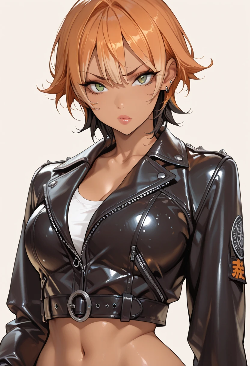 ultra realistic 8k cg, masterpiece, intricate detail, best quality, 1girl, short hair, blond hair, eye highlights, amber eyes, sharp eyes, punk outfit, leather jacket, best quality, 1girl, solo, looking away, heavy blush, angry face, small cleavage, jewelry, earrings, manga line art,