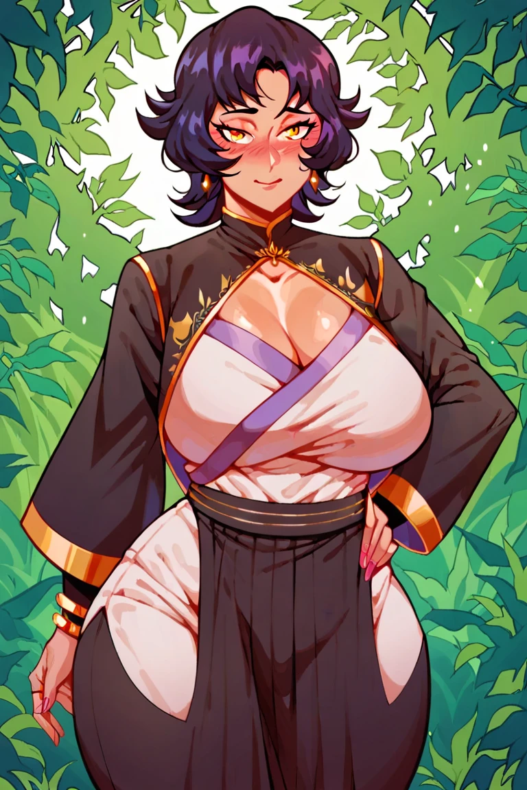 (Perfect body),Best Quality,16 K、NSFW、(ninjartist)、blush、glares、(((Surprised)))、embarrassed from,((Short hair))、hairs between eyes、(Hair intake)、(Eyes are purple),((Dark purple hair)),(Sweat)、(Gold decoration)、Black knee socks、(Dark purple kimono)、((red scarf))、(Purple Mask)、((Big ass))、(((((Big breasts)))))、(((thick thighs)))、Bill at night