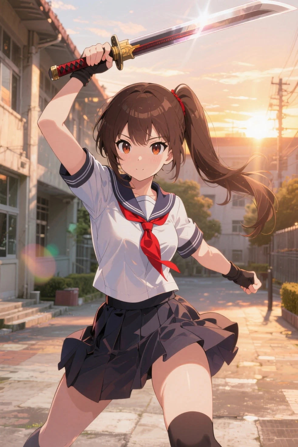 Top quality, masterpiece, high resolution, very detailed, 8k, one girl, cute, anime, crystal clear white skin, asian girl, sensual, full-body, young, middle school, 13 years old, child, (hair color is light brown), on the way to school in the morning, summer uniform, with a student bag, panchira: 1.2, windy and hair fluttering, from behind diagonally, miniskirt, lift-up skirt, smile, fantasy, Low angle, palm outstretched here, cute white underwear