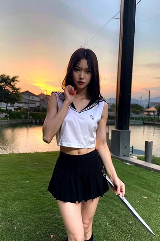 ((Best quality, 8k, Masterpiece :1.3)), Sharp focus :1.2, A pretty girl 24 years old with perfect figure :1.4, Slender abs :1.3, Raw photography、超A high resolution, full body, Ultra High Definition, (Photorealistic:1.4), Detailed Photo, Smiling, Sexy, Facing Camera, ((Close-up from below)), (Photorealistic), (1girl), Beautiful Face, (Realistic Face),Beautiful Hairstyle, Realistic eyes, beautiful detail eyes, (realistic skin), beautiful skin, (crop top), attractive, ultra high resolution, ultra realistic, high definition, golden ratio, high-reaster-piece、highest quality、Fine Skin、crisp focus、(Light like a movie)、gentle lighting、Dynamic angle, Highly detailed face and skin texture, Detailed eyes, Double eyelid,masterpiece, perfect makeup,(Huge breasts:1.1), ((Tennis player on tennis court, sleeveless crop top, miniskirt exposed panties, bare legs:1.2)), standing,