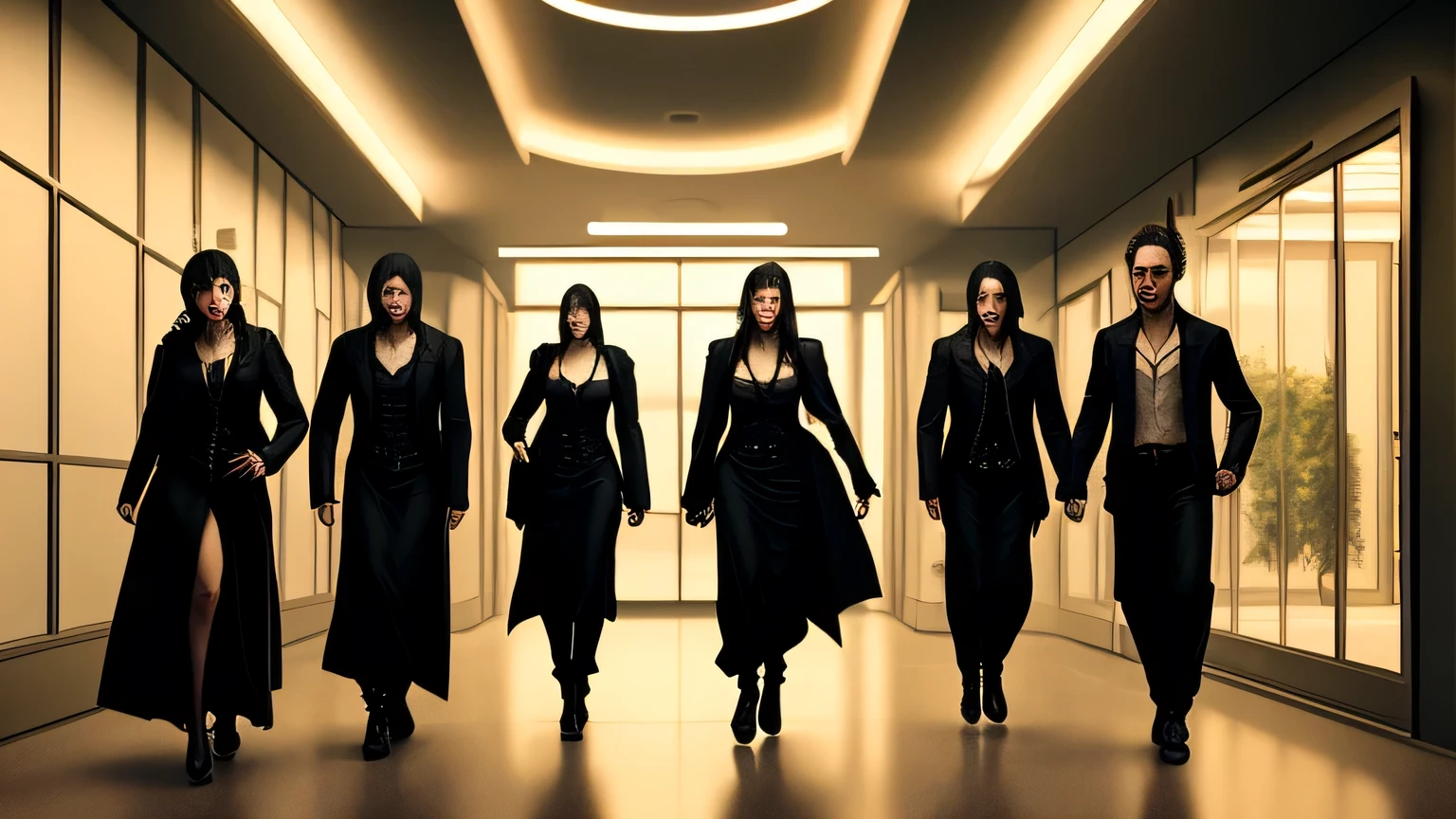 A group of vampires wandering through the office hallways at night，photorealistic，4ｋ、Terrible appearance 、