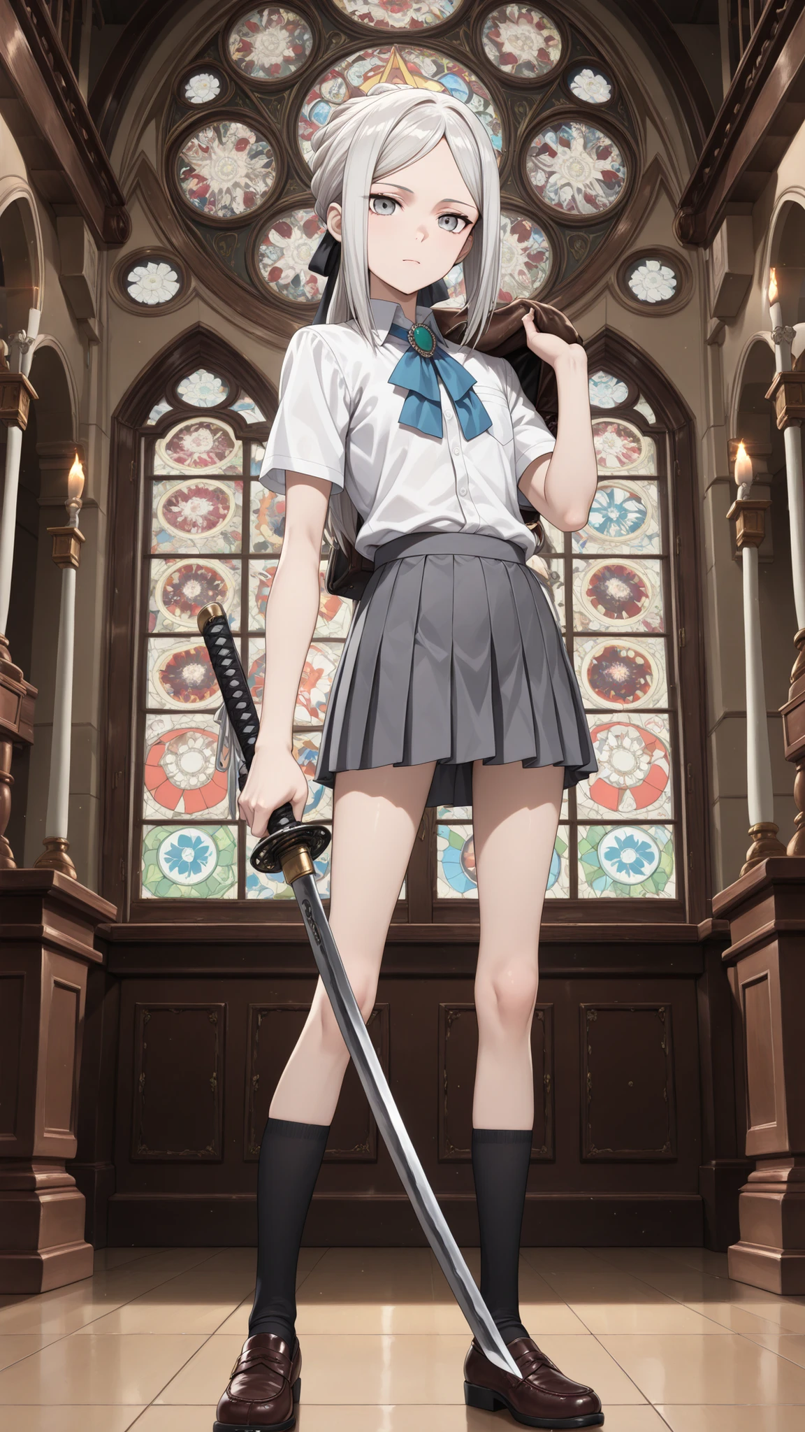 {Highest quality}, {so beautiful}, (anime coloring,flat color,TV anime style,Not details), {Best illustrations},(flat body,very thin,Slim body:1.2),solo,1girl,Lady Maria
White hair, grey eyes, School uniform, white shirt, short sleeves, grey pleated skirt, mini skirt, summer uniform, black socks, leather shoes, standing,katana,Holding a katana,(Raise your hand and place your weapon on your shoulder),stained glass, late Middle Ages