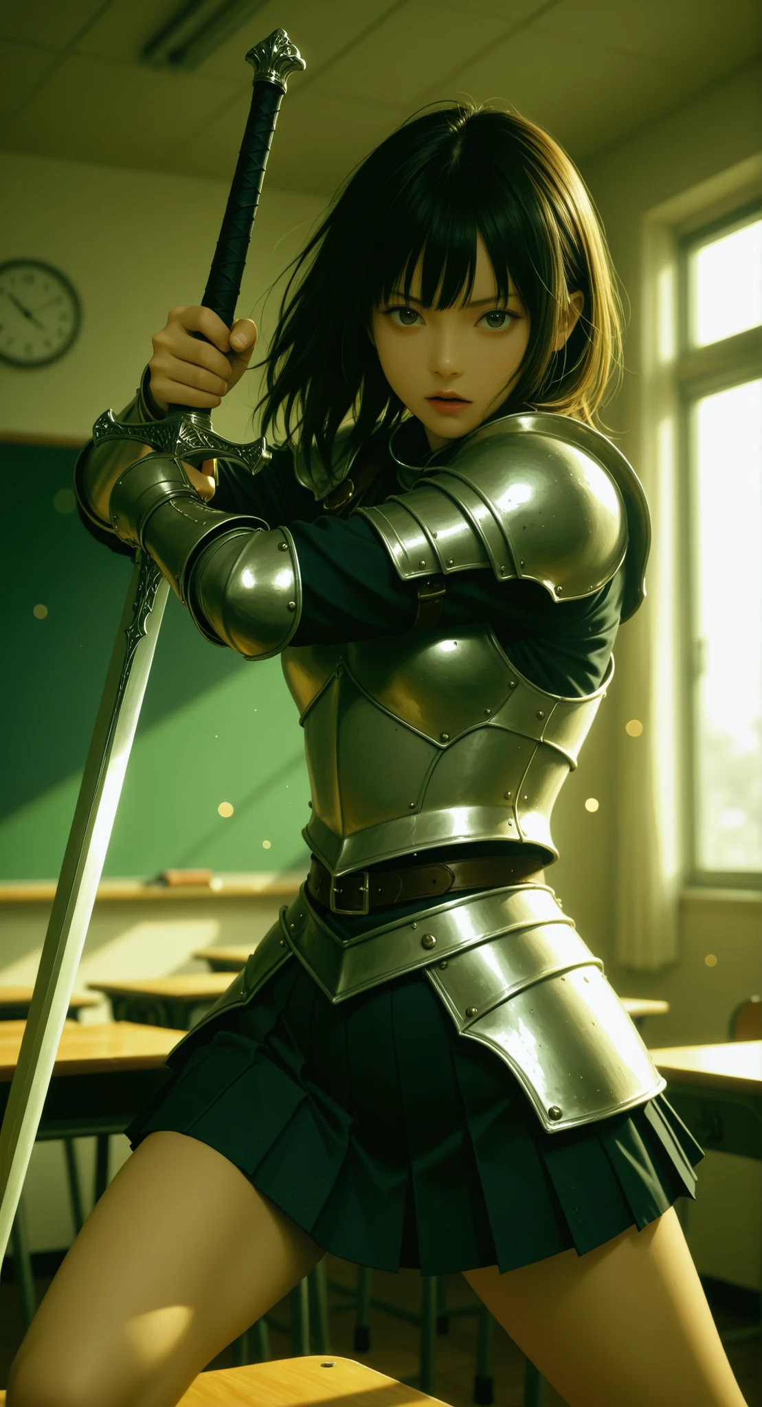 Realistic, Girl, Highschool uniform mixed knight armor with sword, action pose, dynamic pose, detailed, high quality, professional lighting, cinematic, bokeh, in classroom, pleats skirt, bare thigh, background lot of students