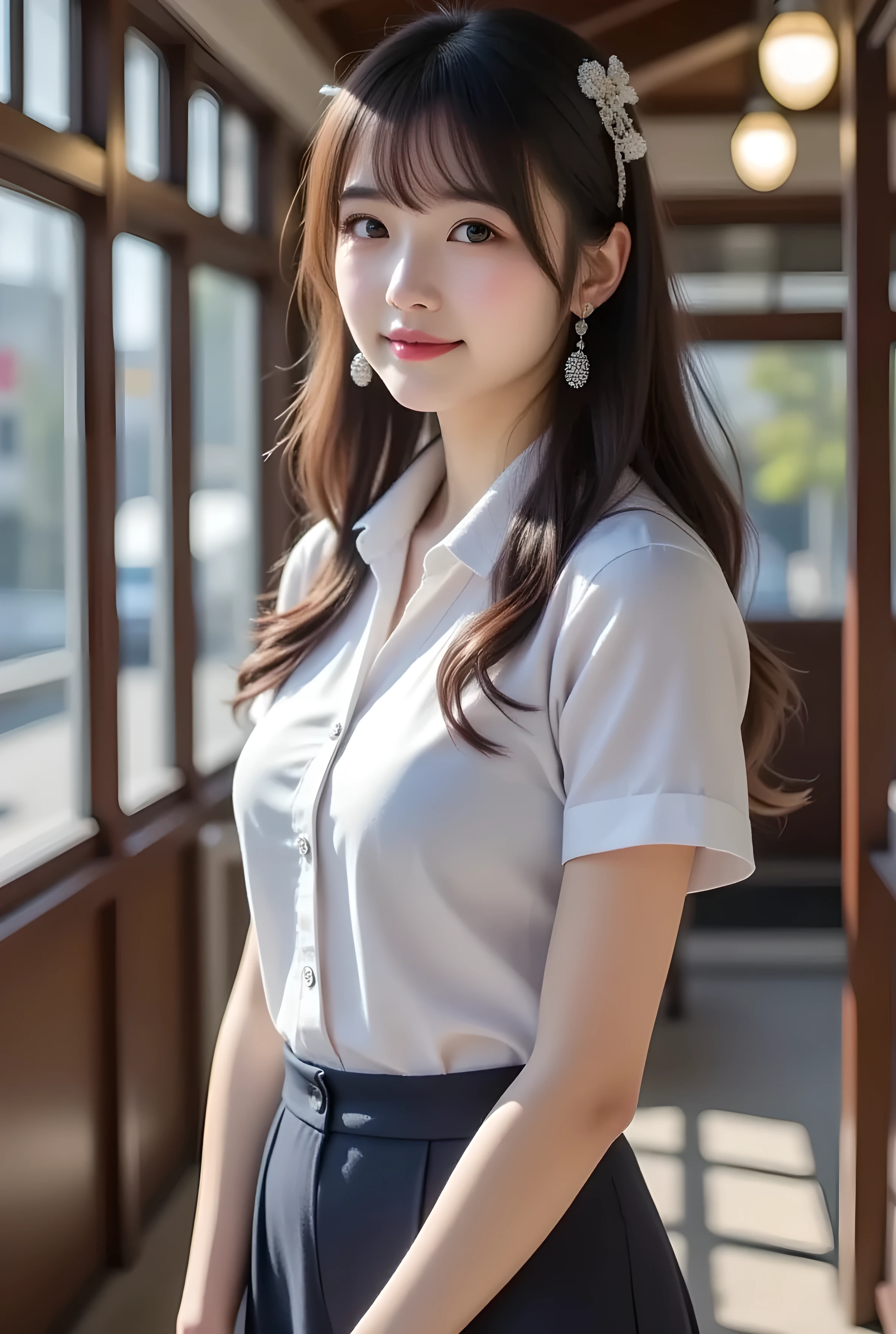 super realistic , photorealistic , (Full body image:1.5), She looks so happy , shadow, global illumination , Alone, (Japanese woman in her 20s :1.5), so beautiful、 Cute Smiles , Slim, brown hair , beautiful legs , Long, slender legs , Surimi West , She's wearing a receptionist ,wearing a bus guide , turn your body forward、 white hair,full body photo ,Please take a picture up to the tip of your foot ,wear brown pantyhose on her legs ,When the light hits stockings, they reflects beautifully., wearing beige high heels ,