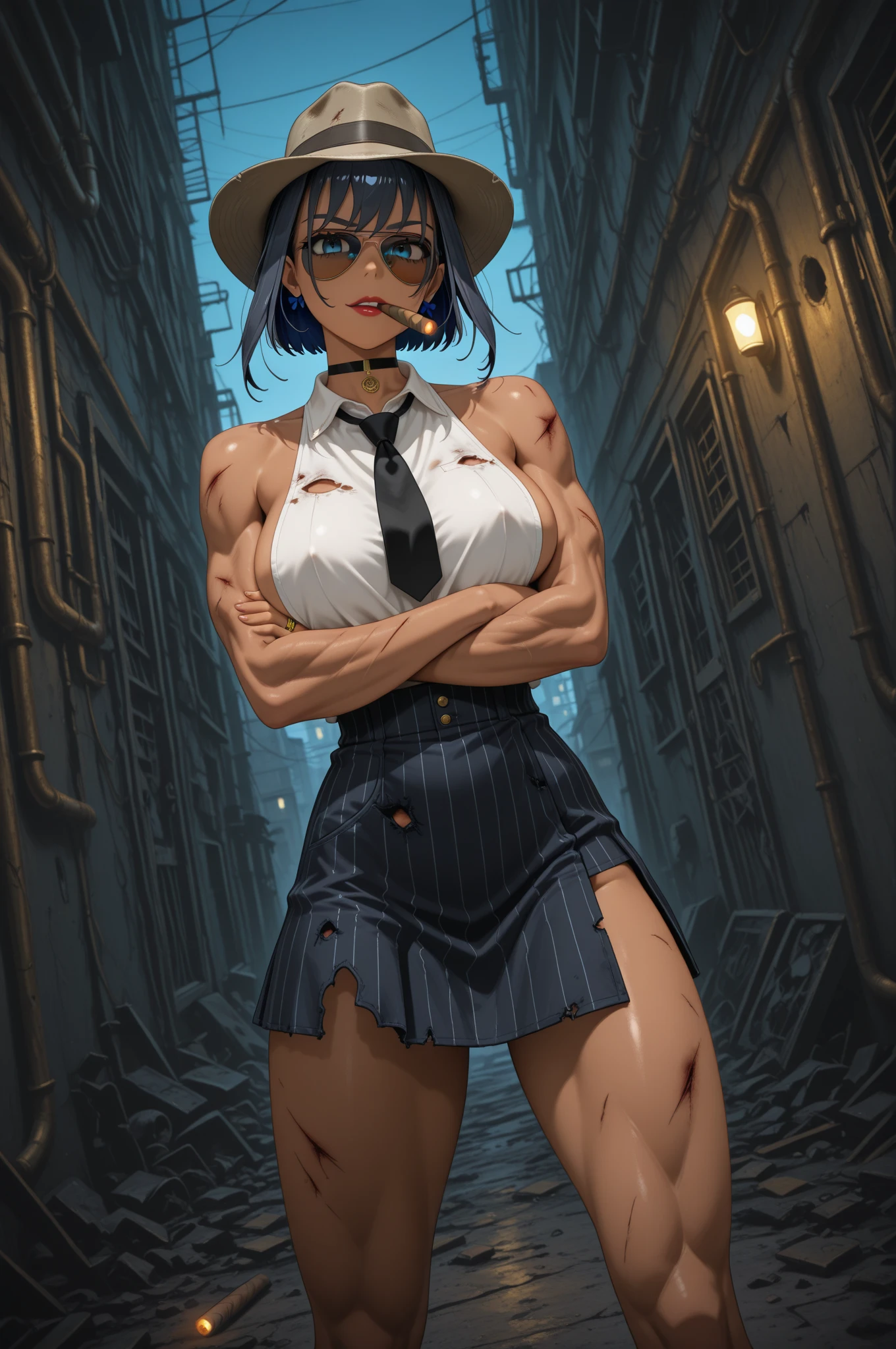 score_9, score_8_up, score_7_up, 1girl, mayaold, blue eyes, purple hair, short hair, hairclip, nose scar, eyebrow cut, large breasts, muscular female, 
policewoman, police uniform, police hat, police hat, midriff, navel,
looking at viewer, smirk, serious, parted lips, holding baton \(weapon\), hand up, weapon over shoulder, pov, from below,
outdoors, city, alley, dark, night,
<lora:Maya-OldStyle-Roadi3-PDXL_V1-Manityro-CAME:1.0>,