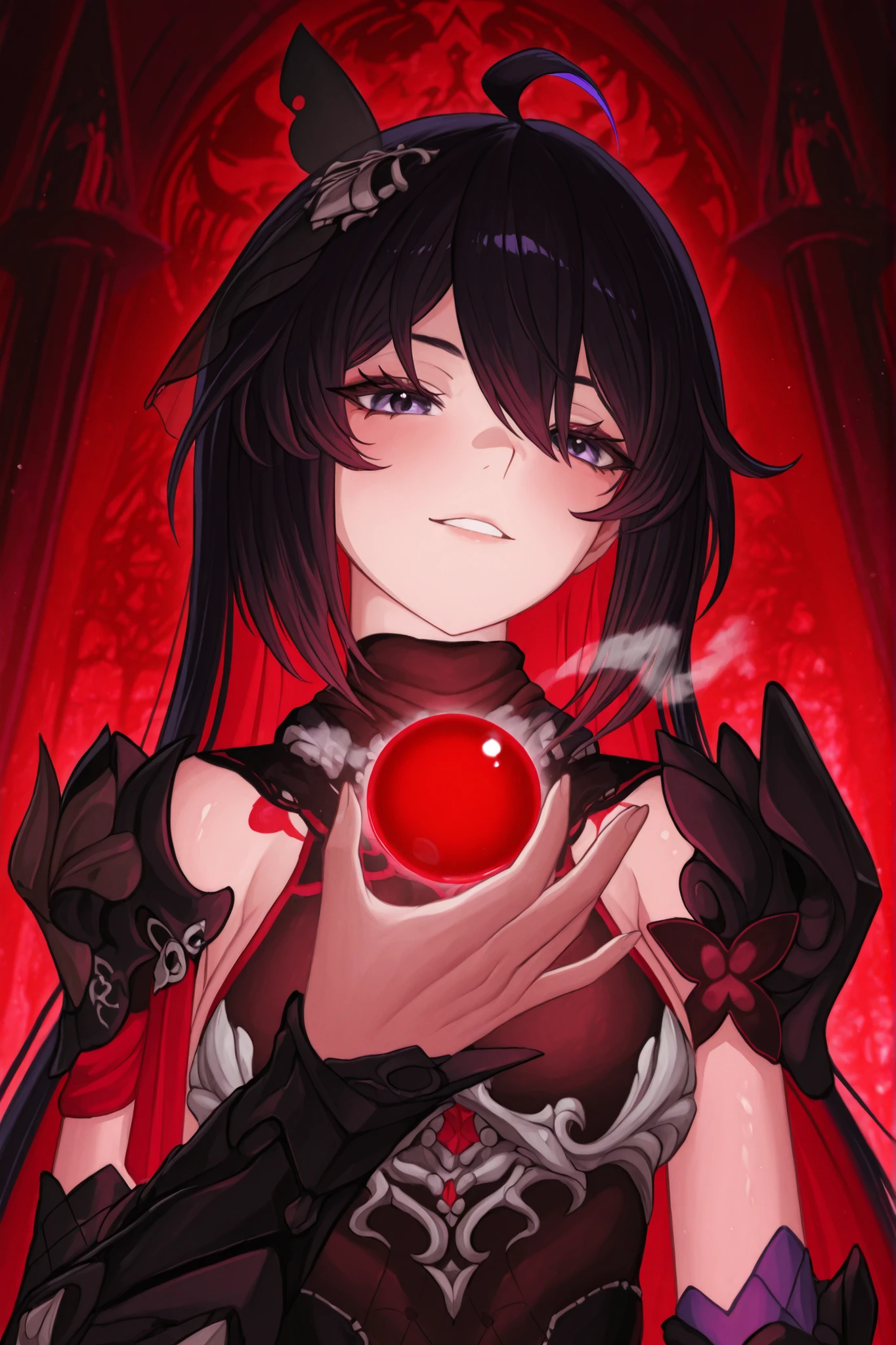 ((apenas)), (seele :1.2), Aquecer, Hand in red orb with black details, Beautiful woman with tattoos all over her body, black hair red details , cabelo curto, cabelo desgrenhado, sidelocks, levado, white breath, Olhos vermelhos, olhos brilhantes, seios grandes, zipper, decoration scales, aura brilhante, parte superior do corpo, ao ar livre, Mundo diferente, ridiculous masterpiece, cor fria, alto contraste, is extremely absurd, com alto contraste, sem bug