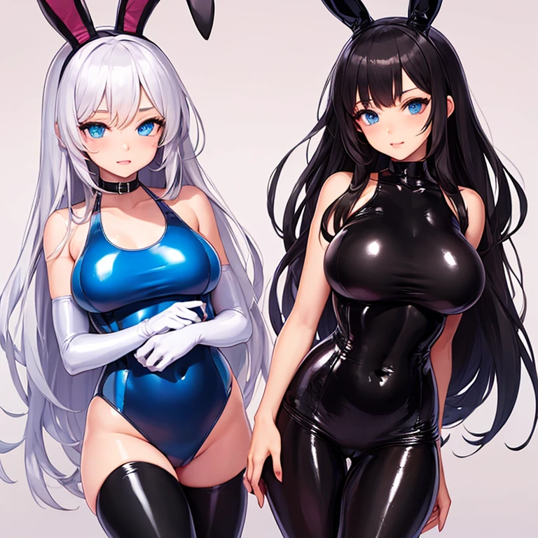 nsfw,2girls,duo,Androgynous,playboy bunny,big breast,black hair,red eyes,medium hair,sidelocks,(cowboy shot),(tight skin),straight-on,standing,masterpiece,best quality,very aesthetic, absurdres,Cameltoe,(Fishnet tights bodystocking),(White hair),(yellow eyes),(micro bikini
