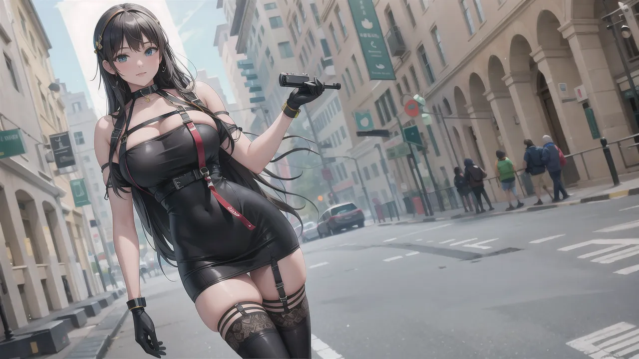 professional artwork, Intricate Details, field of view, sharp focus, detailed painting, photorealistic lighting, trending on pixiv, Standing at attention, black outfit ,yellow collared shirt,black and red bodysuit,skin_tight,black legwear, black pantyhose, Side_boob, black hair,very long hair, Bangs,yellow eyes,makeup, lipstick, 20yo,mature female,Beautiful Finger,Beautiful long legs,Beautiful body,Beautiful Nose,Beautiful character design, perfect eyes, perfect face, looking at viewer,official art,extremely detailed CG unreal engine 8k wallpaper, perfect lighting,Colorful, Bright_Front_face_Lighting, (masterpiece:1.0),(best_quality:1.0), ultra high res,4K,ultra-detailed, photography, 8K, HDR, highres, absurdres:1.2, Kodak portra 400, film grain, blurry background, (Beautiful,large_Breasts:1.4), (beautiful_face:1.5),(narrow_waist), (solo:1.4), ((landscape dimension)), rich detailed makeup, rich detailed eyeshadow, rich detailed lips, rich detailed lipstick, beautiful detail eyes