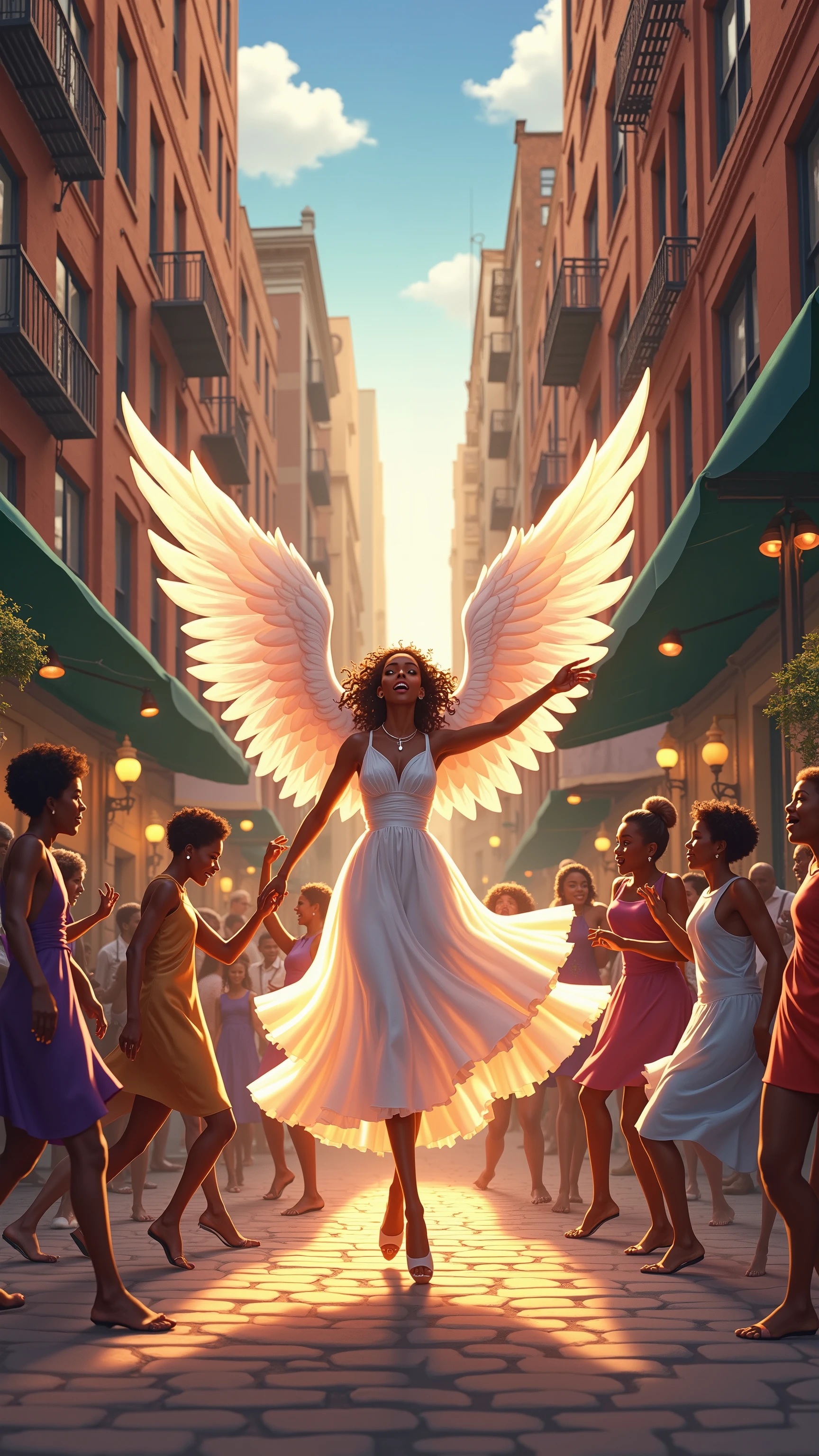 highdefinition image、 anime images、a scene of a love song to an angel,new york、Harlem district scenery、you can feel a general sense of life in an old building、Black pastors dancing in the city、